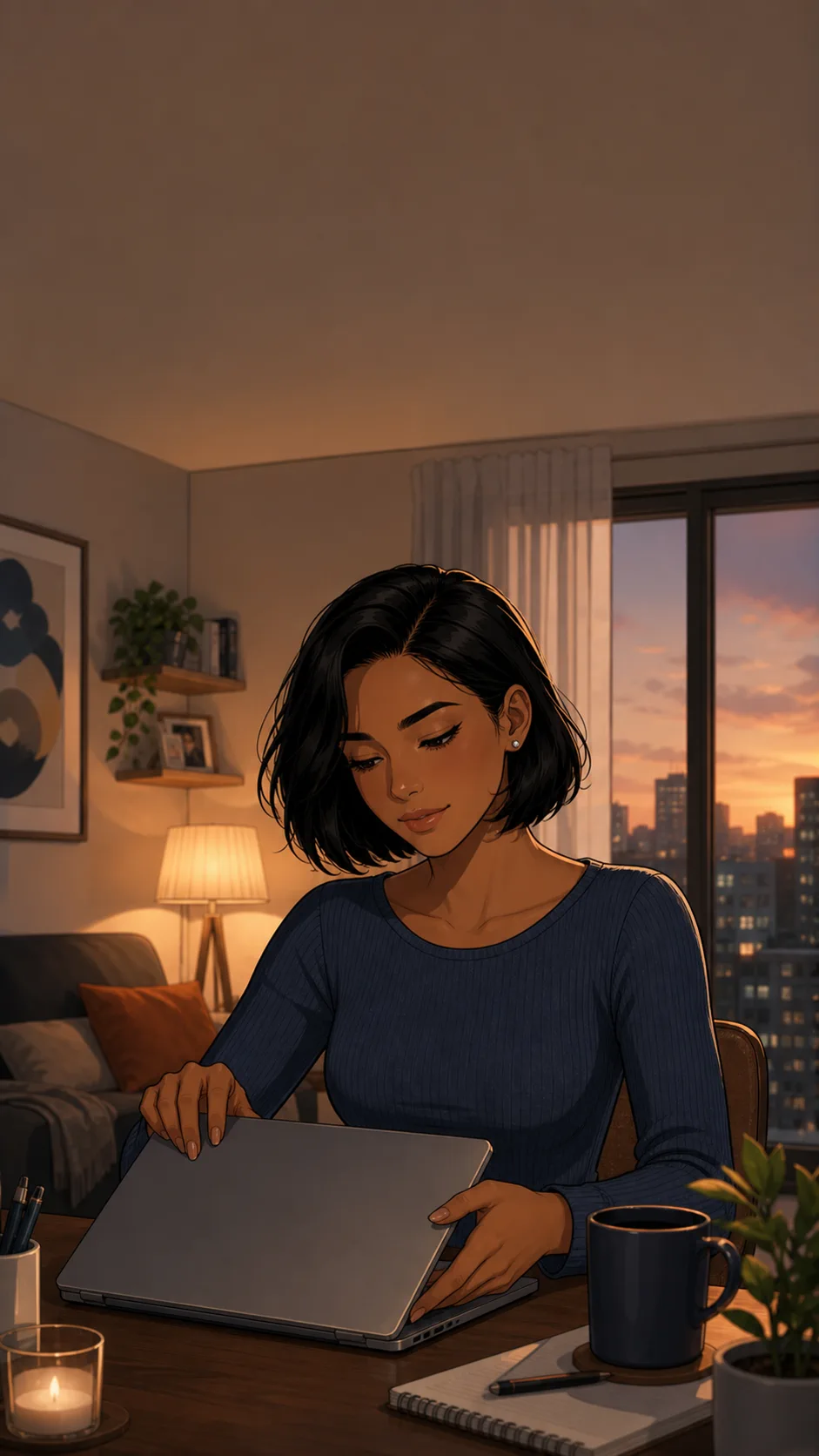 A fictional office worker closes a laptop at a small home desk in the evening.