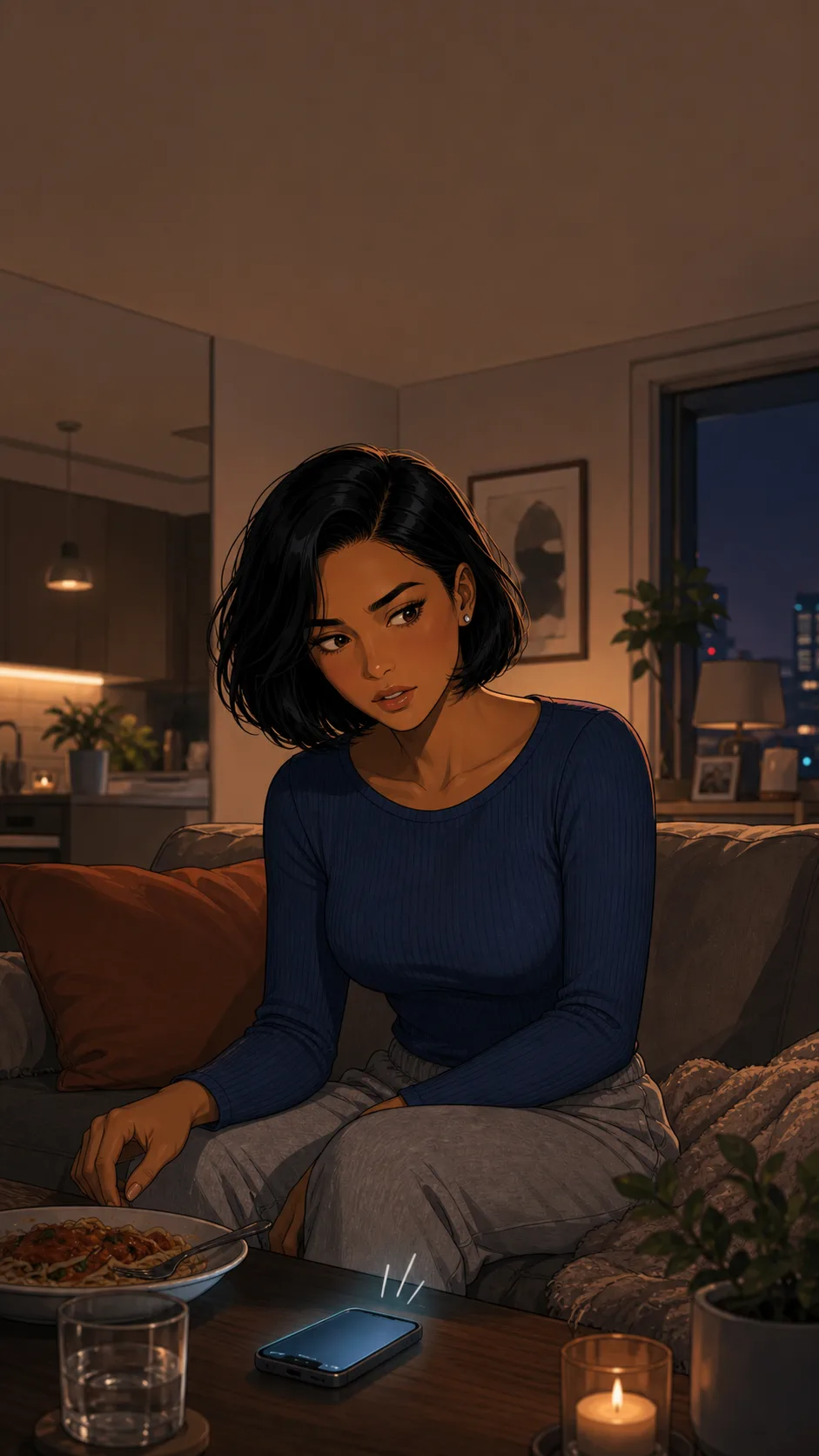 A fictional worker sees a phone notification while sitting on a couch after dinner.