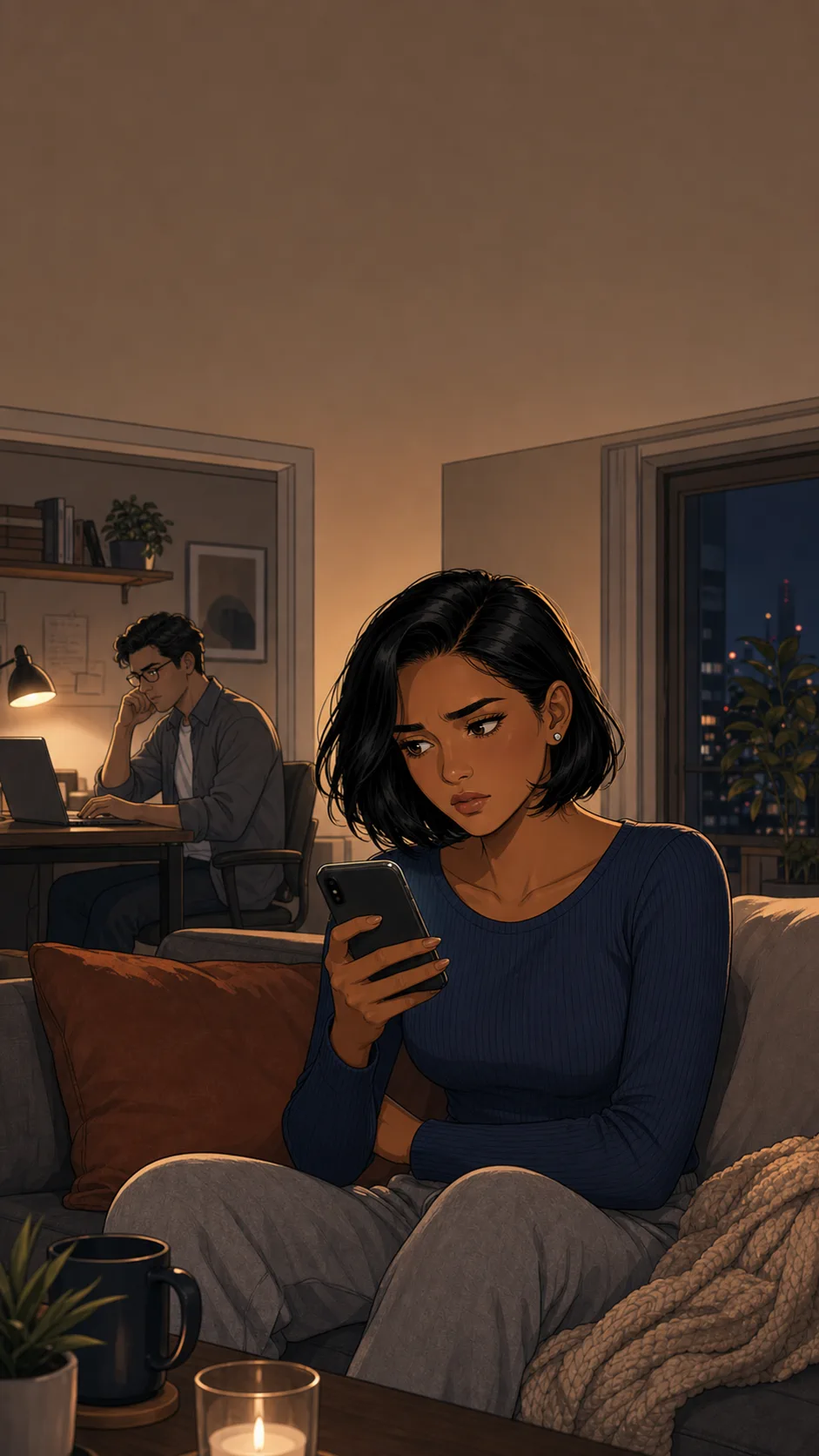 A fictional worker looks at a phone while a coworker appears to be messaging from an office corner.