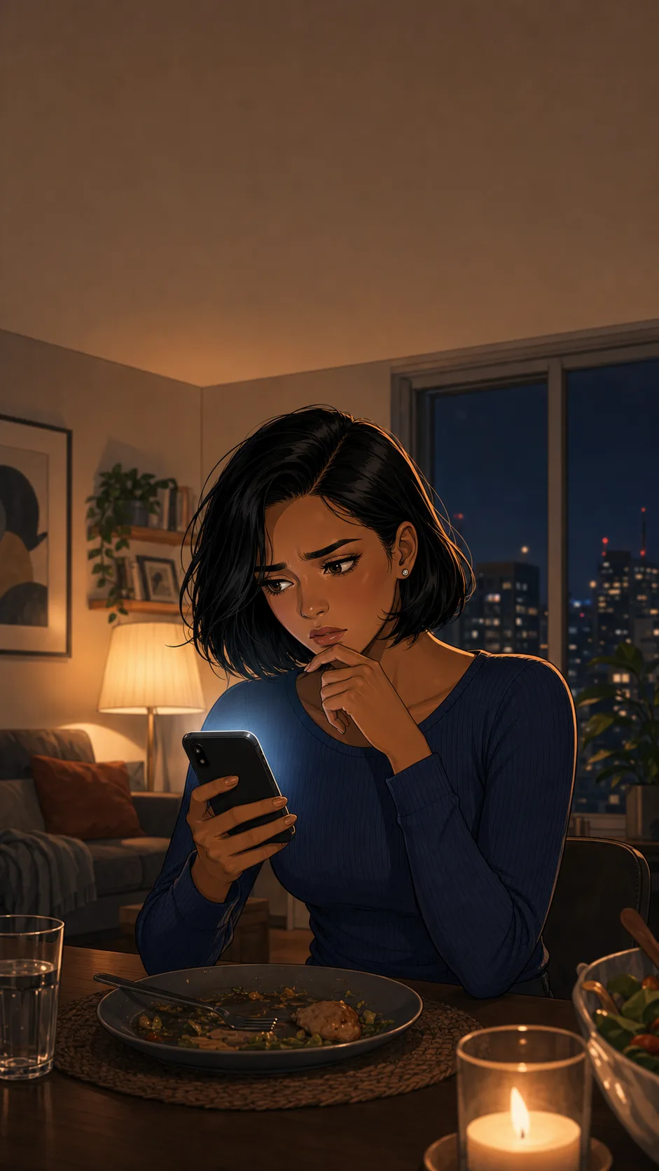 A fictional worker looks stressed as unreadable notifications glow on her phone beside a cooling dinner.
