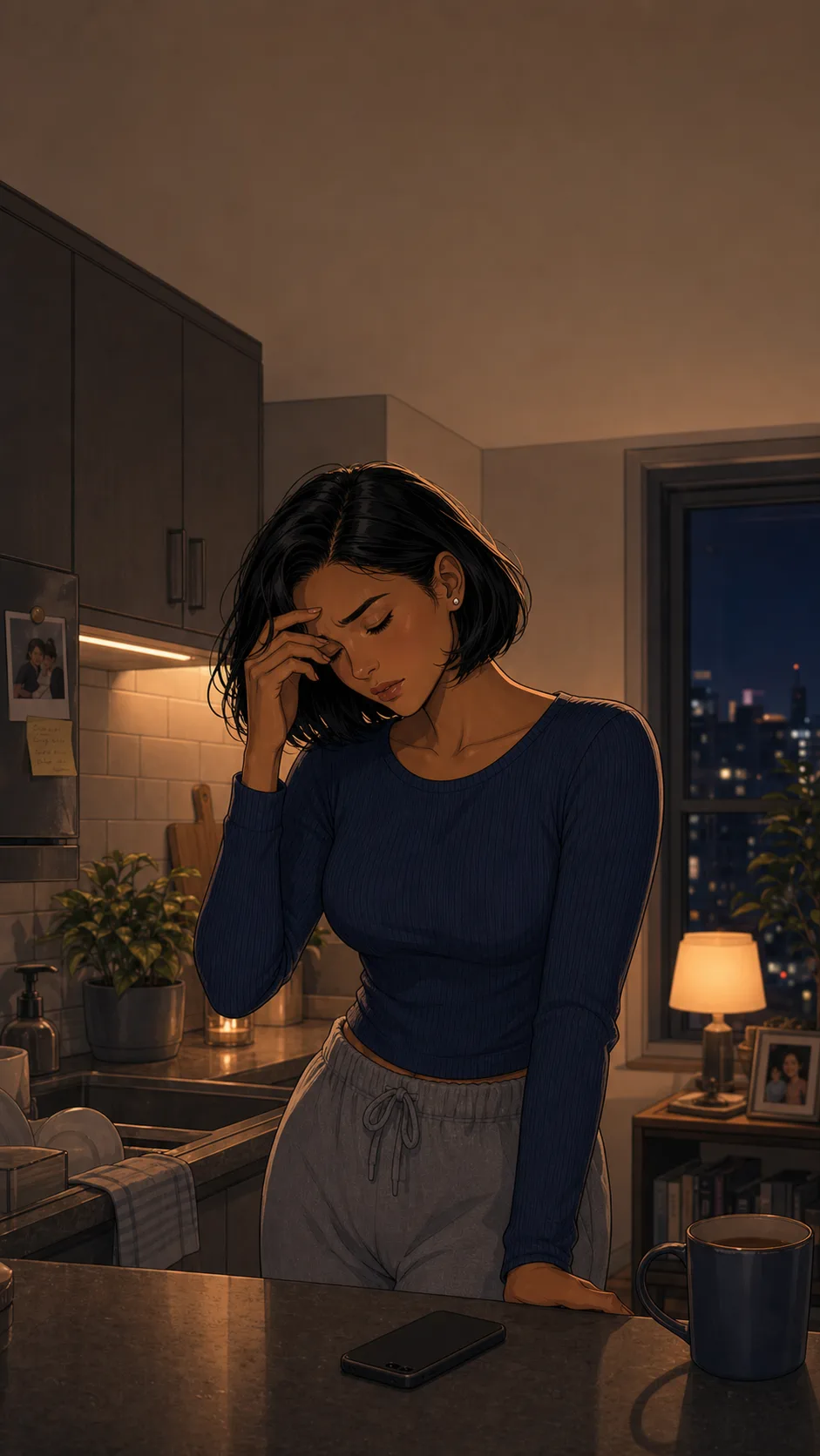 A fictional worker stands in a kitchen with her phone face-down, looking exhausted.
