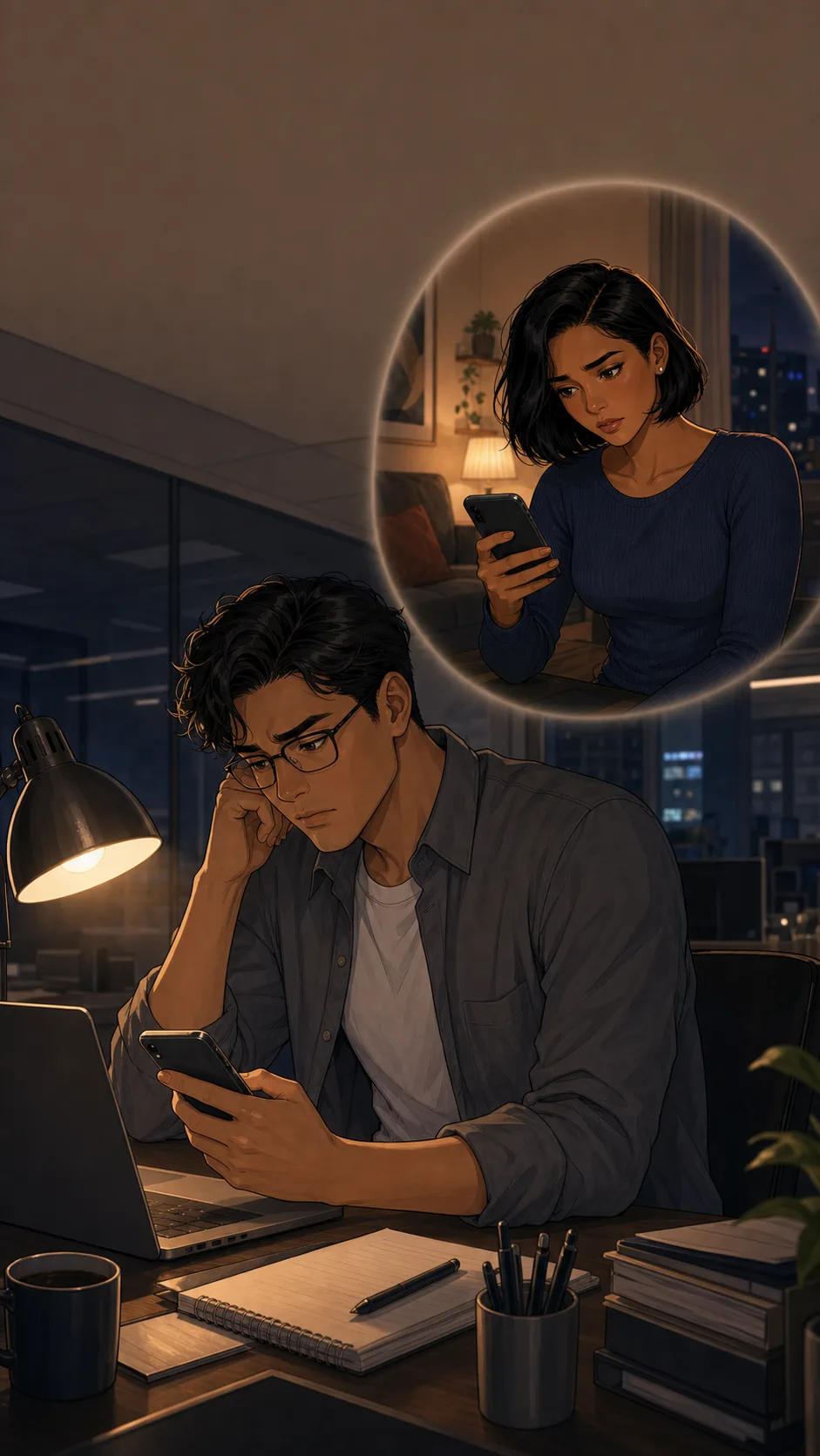 A fictional coworker messages from a generic desk while another worker reads the note at home.