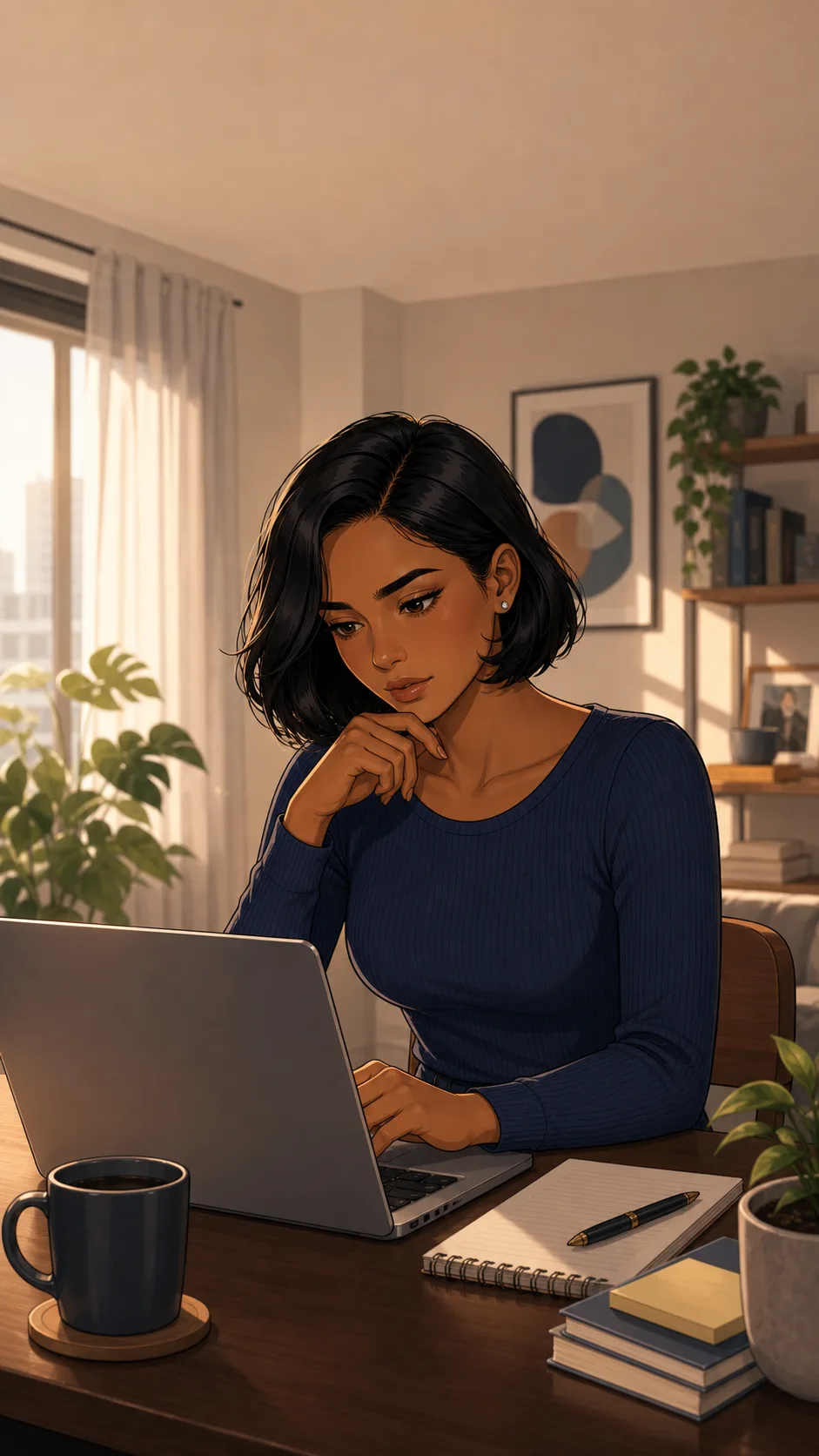 A fictional worker drafts a calm boundary note at a home desk the next morning.