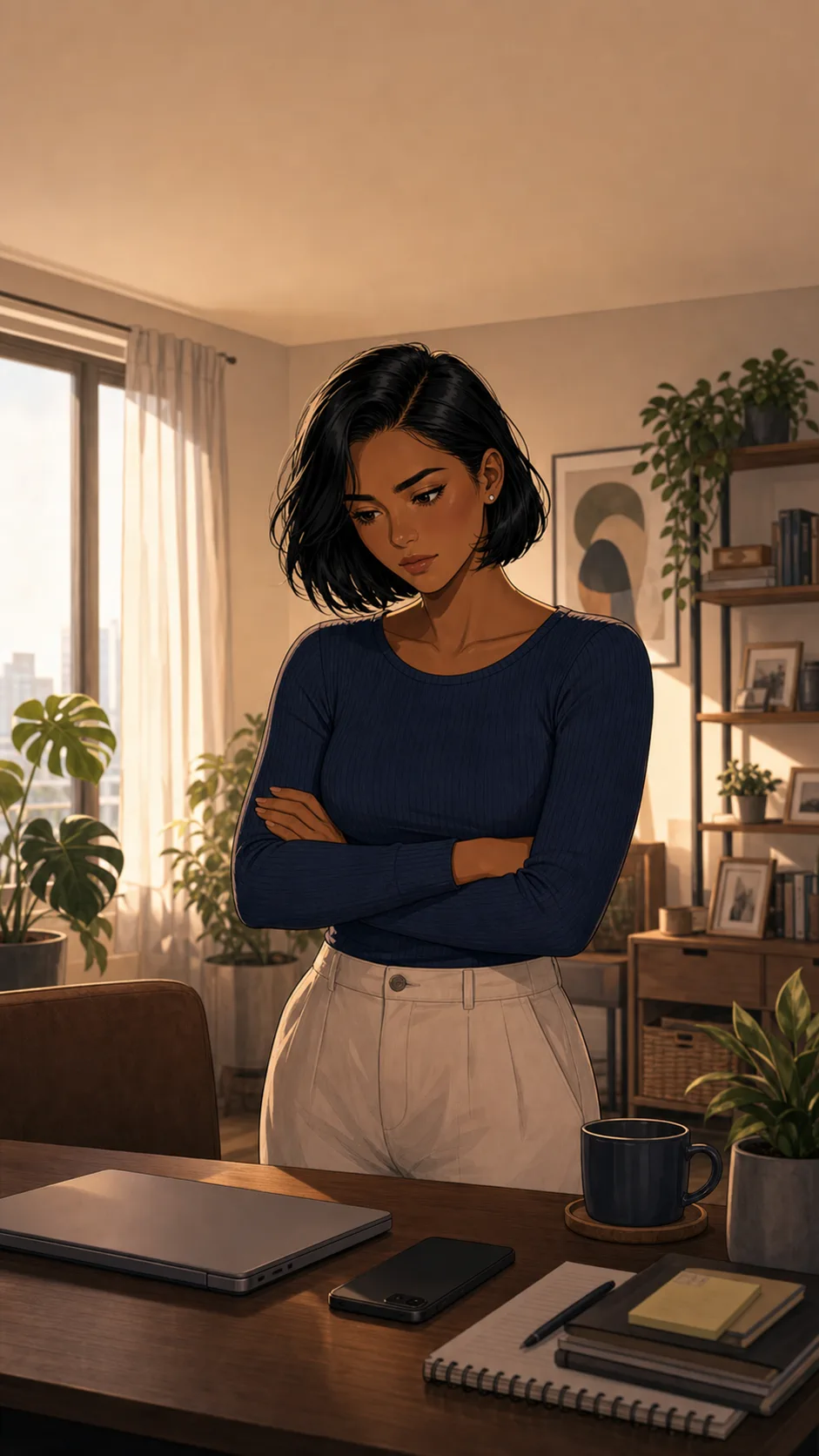 A fictional worker stands between a closed laptop and phone, deciding how to handle an after-hours chat.