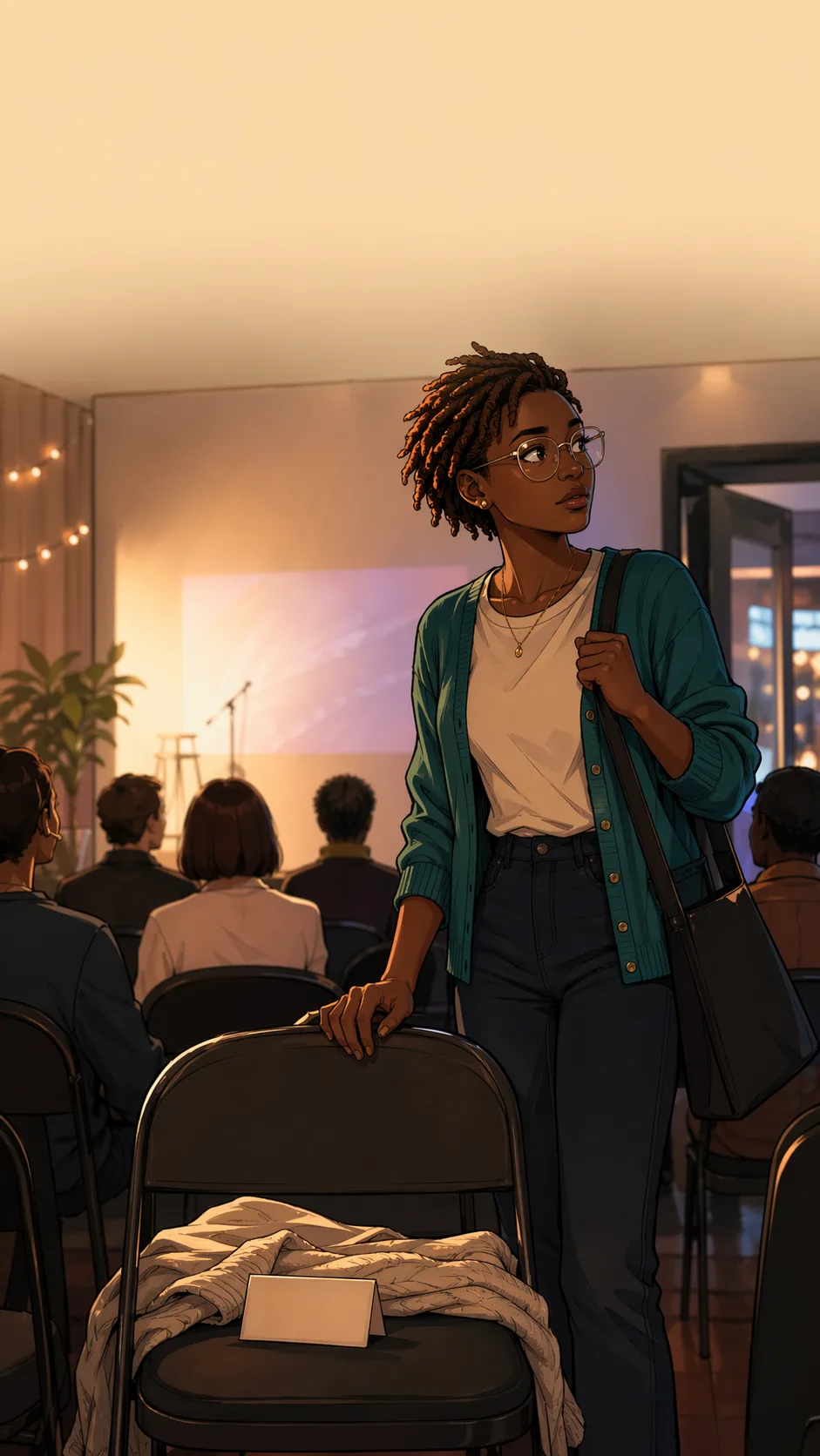 Nia waits beside an empty chair at a small community launch night.