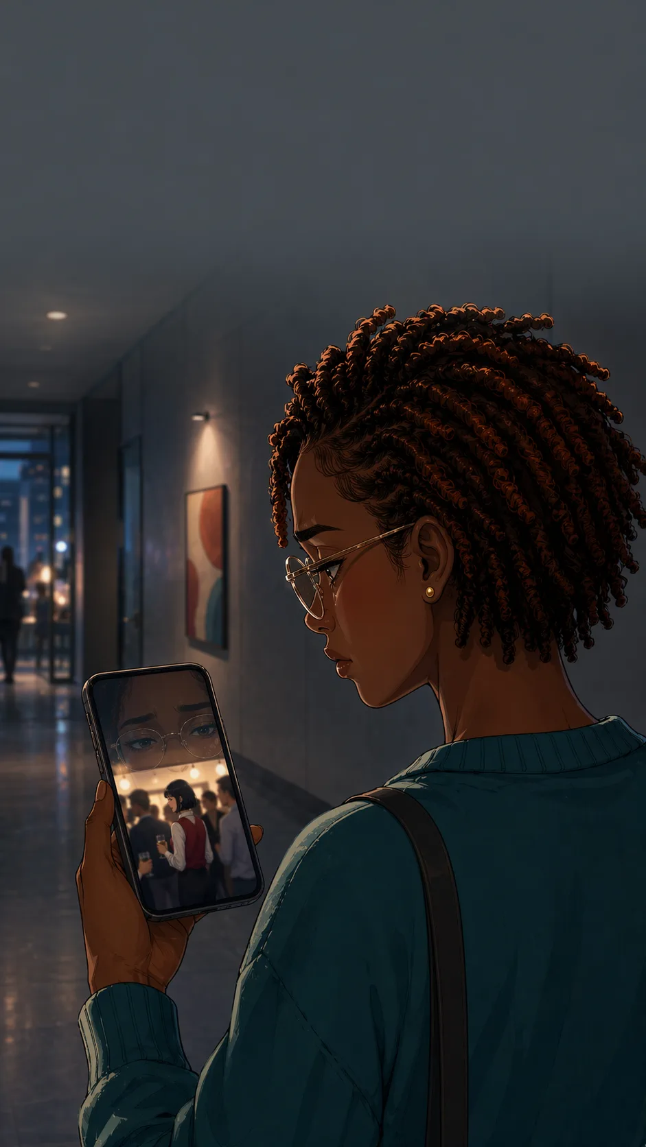 Nia looks at a phone in a hallway and realizes Jules is at another event.
