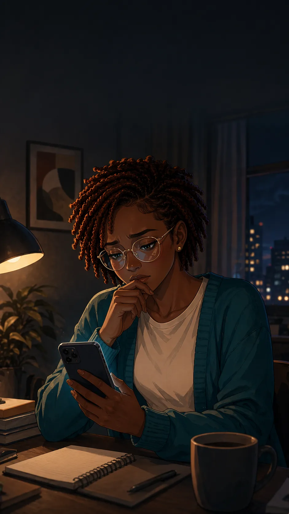 Nia reads a polished apology on her phone at a kitchen table late at night.