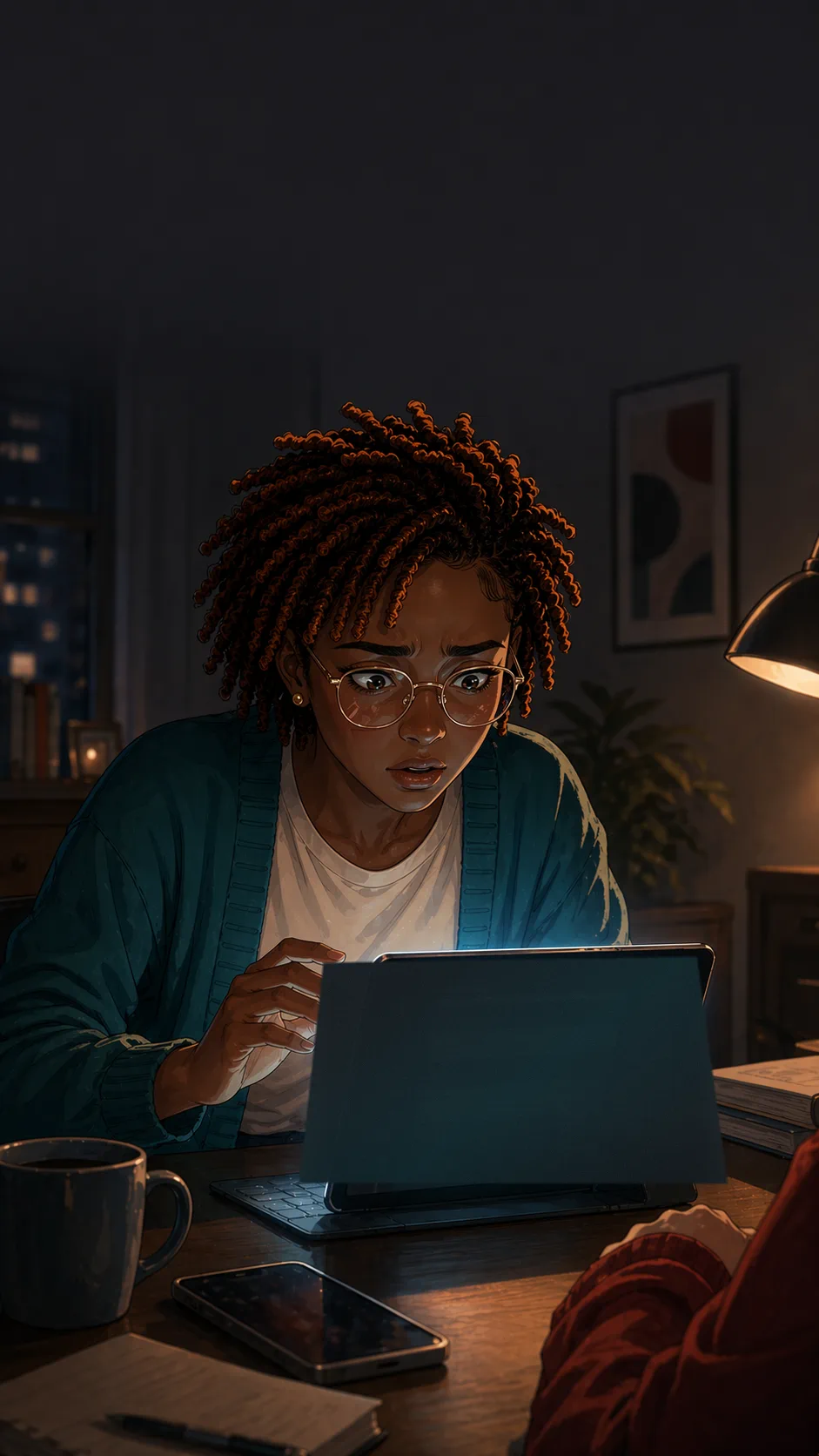 Nia freezes at a kitchen table after finding a writing-assistant prompt on a shared device angled away from the viewer.