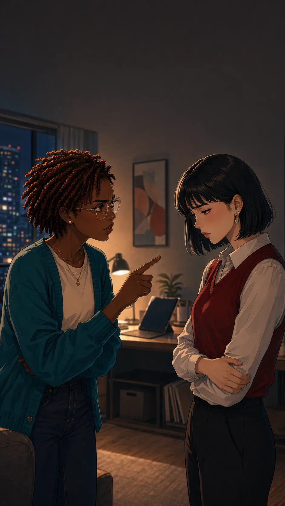 Nia confronts Jules across a quiet cafe booth about the AI-assisted apology.