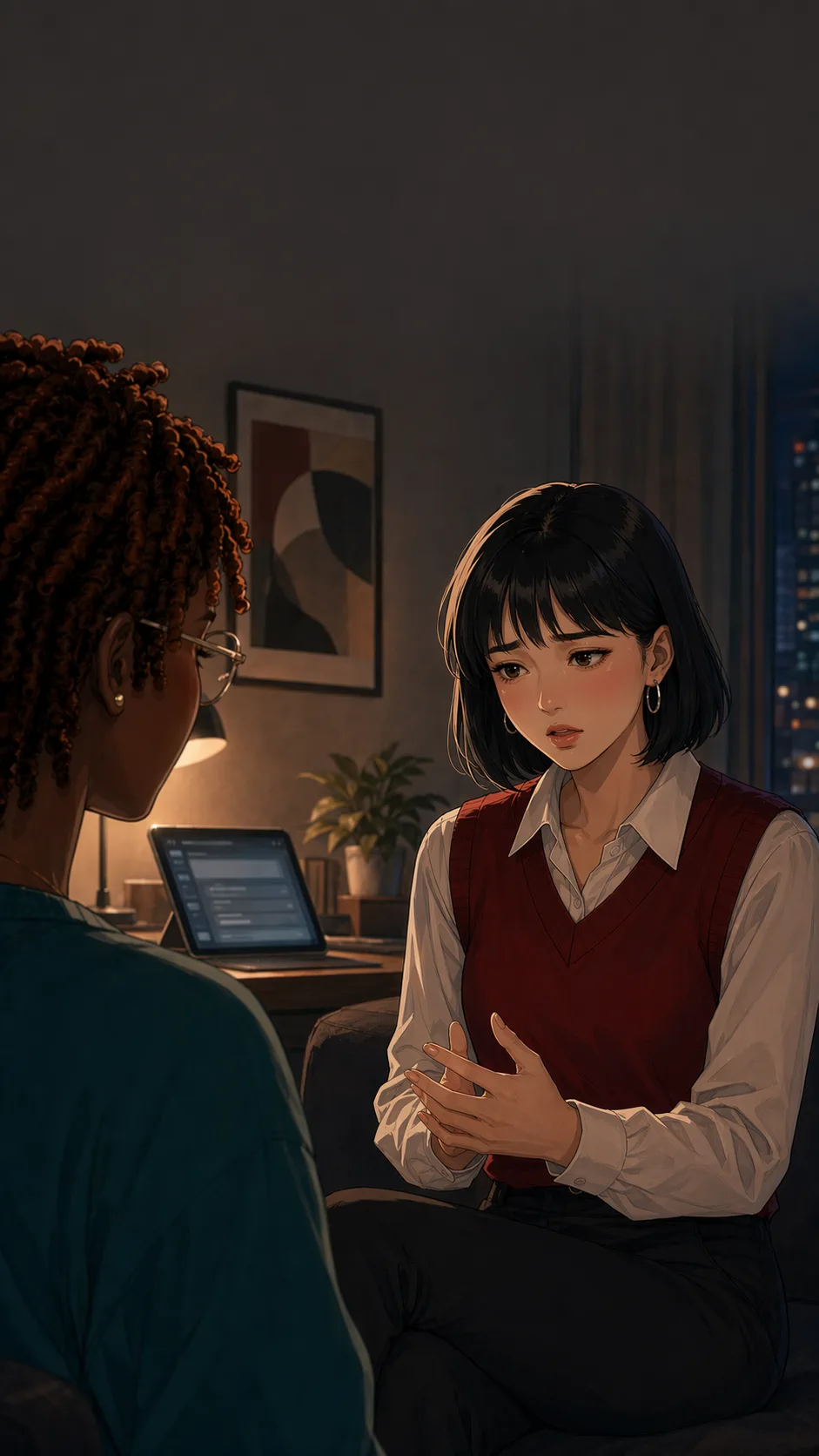 Jules explains why she used a writing assistant while Nia listens.
