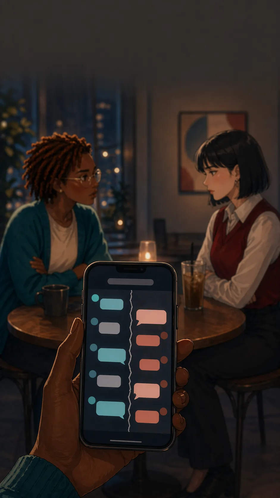 Nia sits on her bed reading divided reactions about the AI-assisted apology.