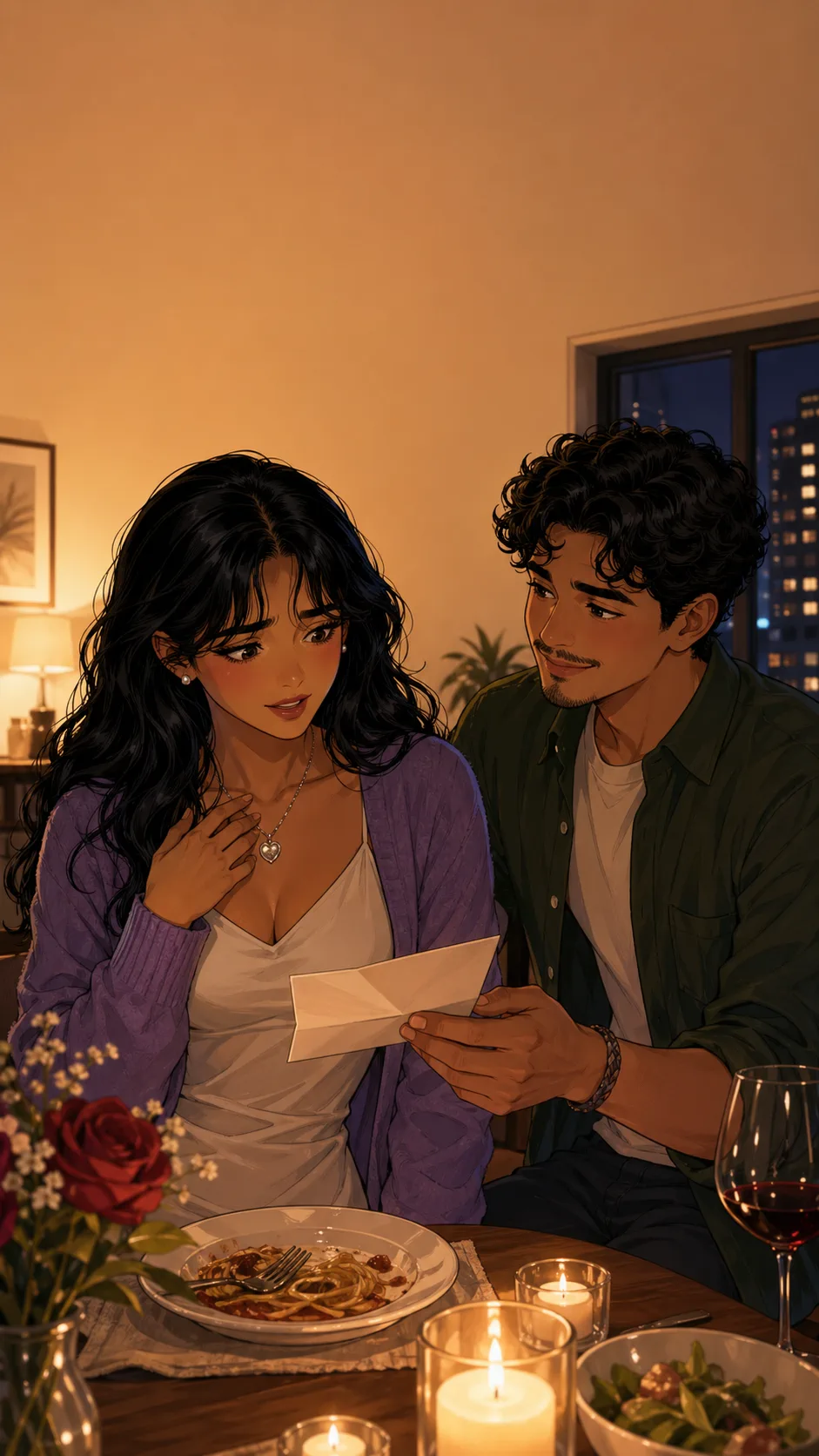 Mateo hands Leila a handwritten anniversary letter at a cozy apartment dinner.