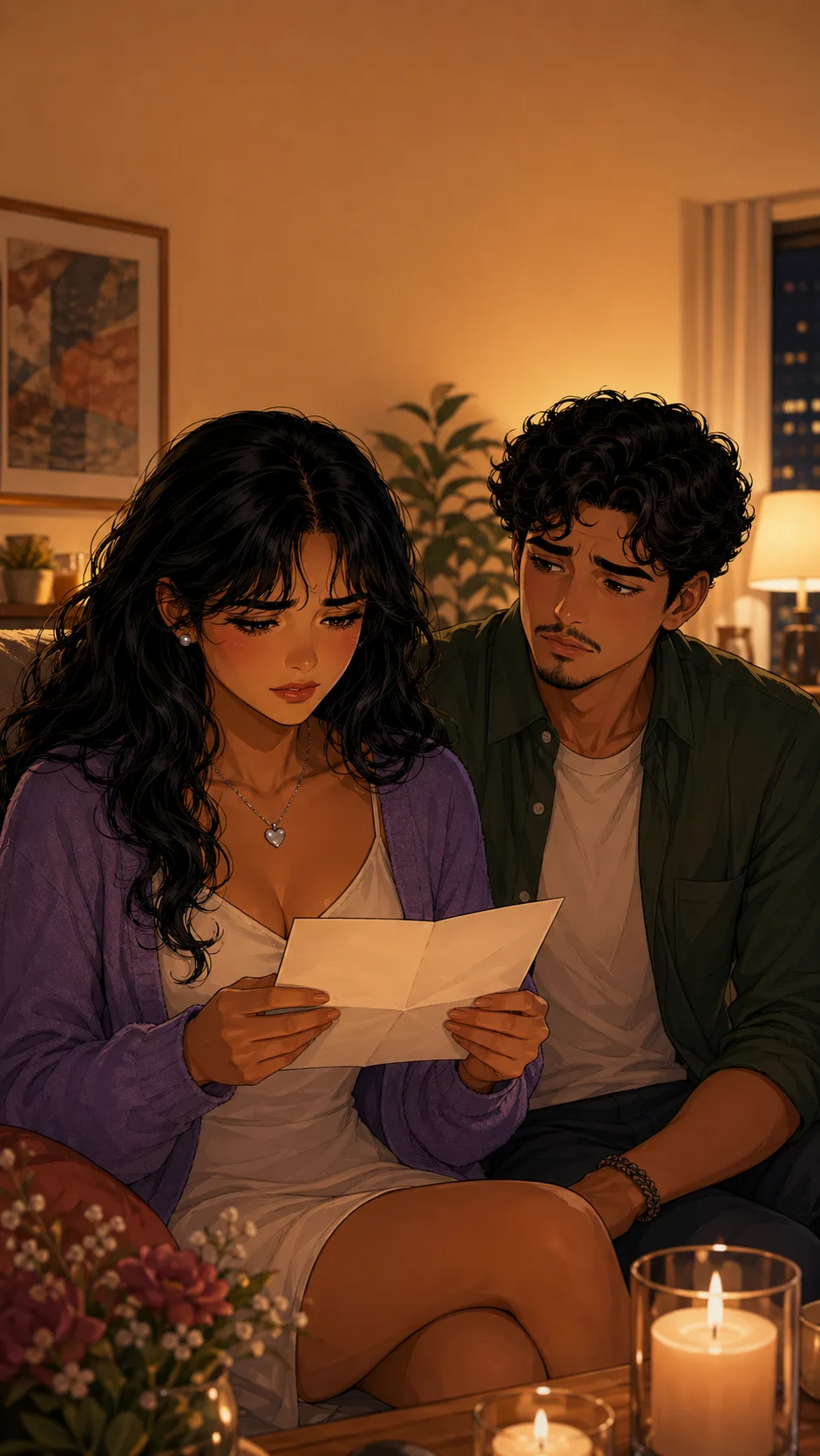 Leila reads a handwritten letter on the couch while Mateo watches nervously beside her.