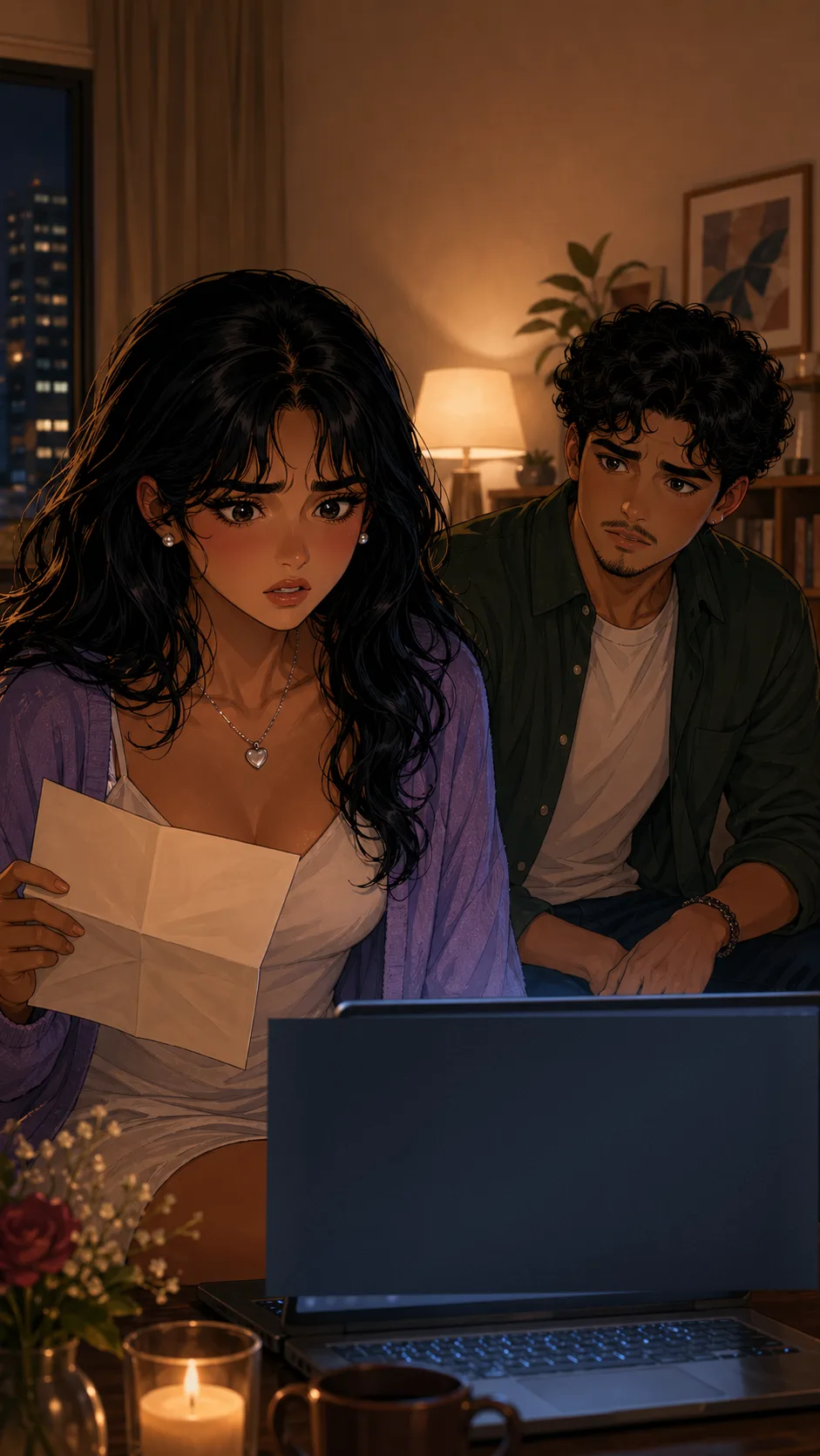 Leila freezes beside a shared laptop angled away so its screen is not visible to the viewer.