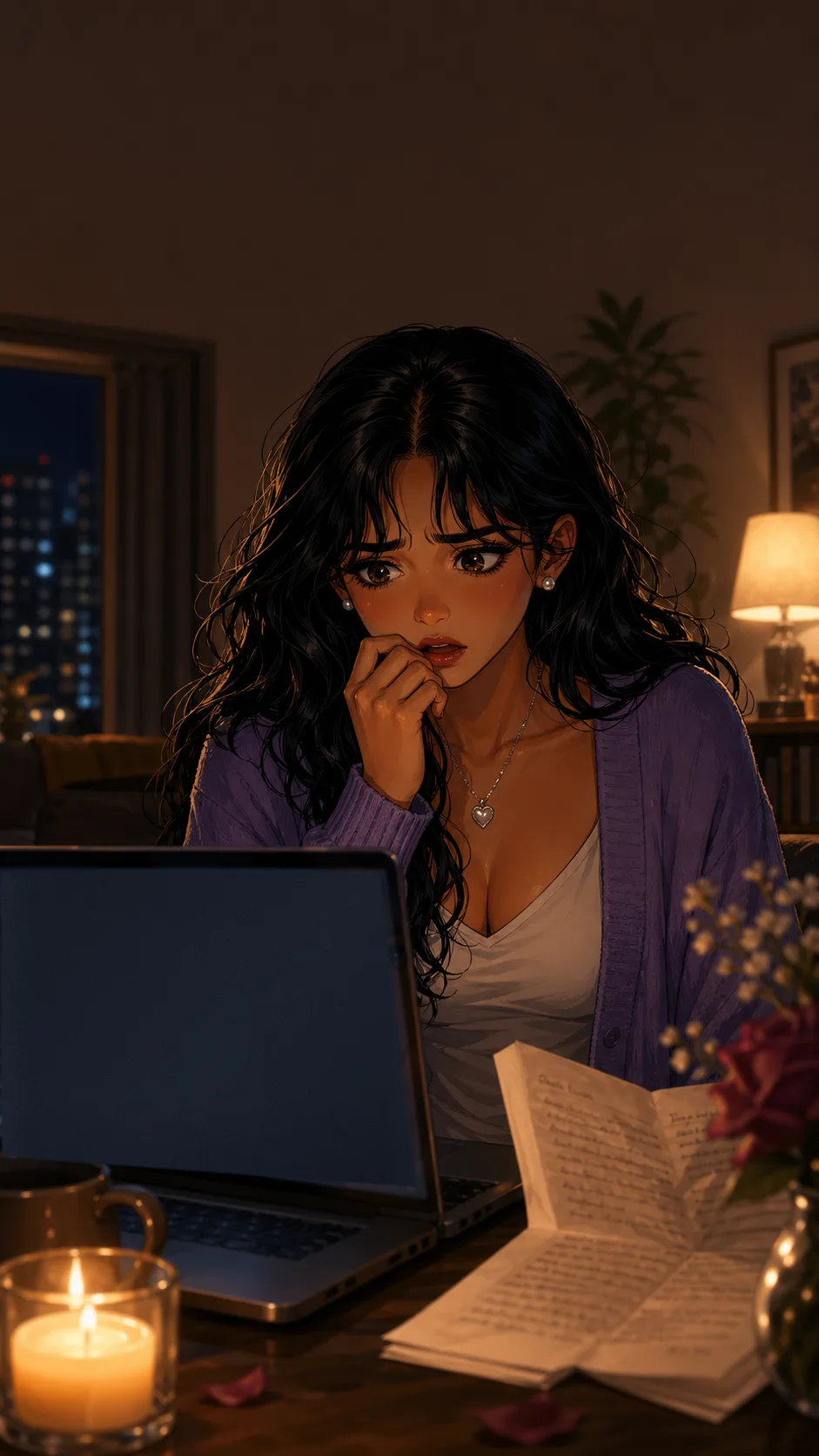 Leila sits near a laptop angled away from the viewer and an unreadable handwritten letter.
