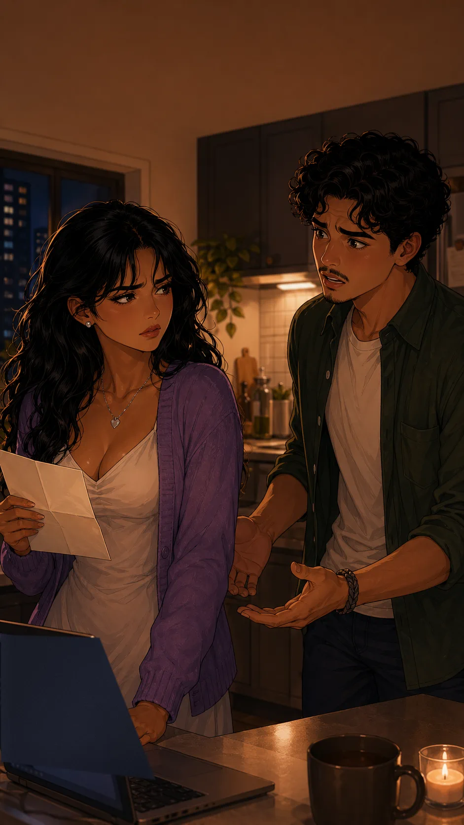 Leila confronts Mateo in the kitchen while holding the handwritten letter.