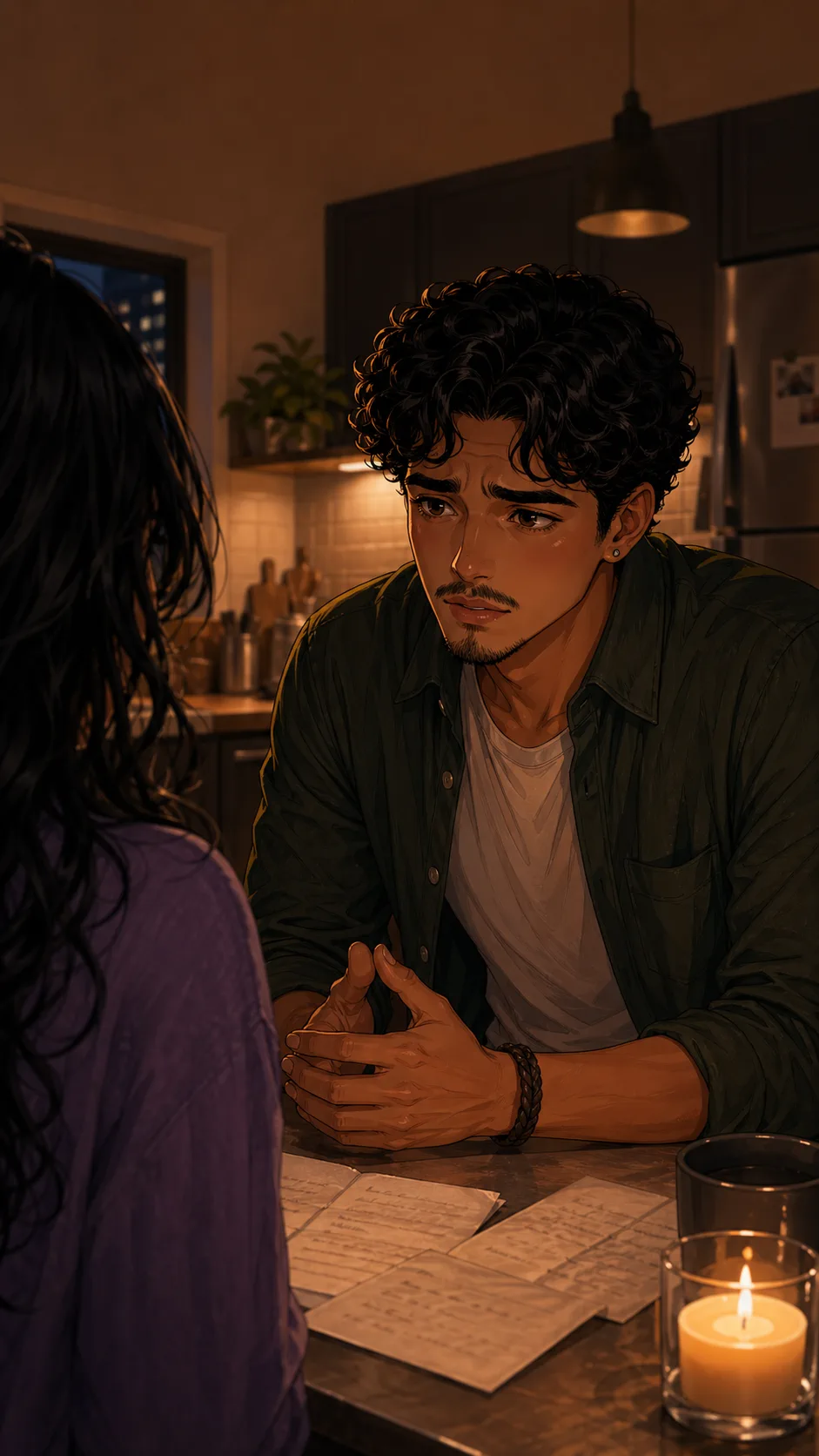 Mateo explains his side at the kitchen counter while Leila listens.