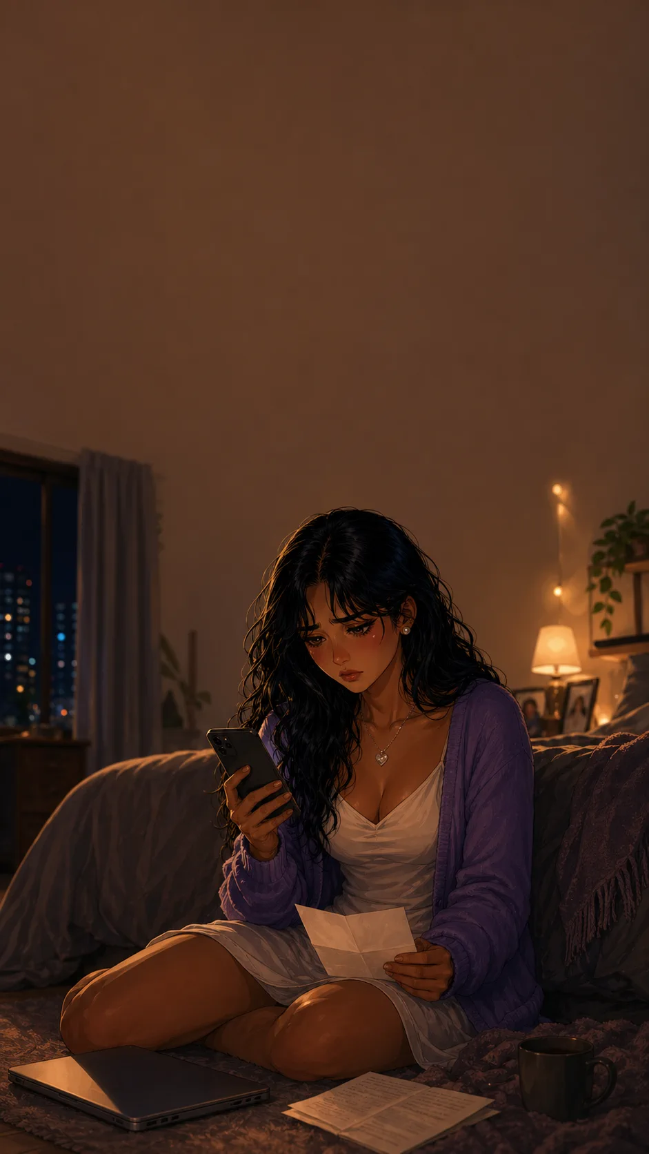 Leila sits on a bedroom floor with the letter, phone, and closed laptop nearby.