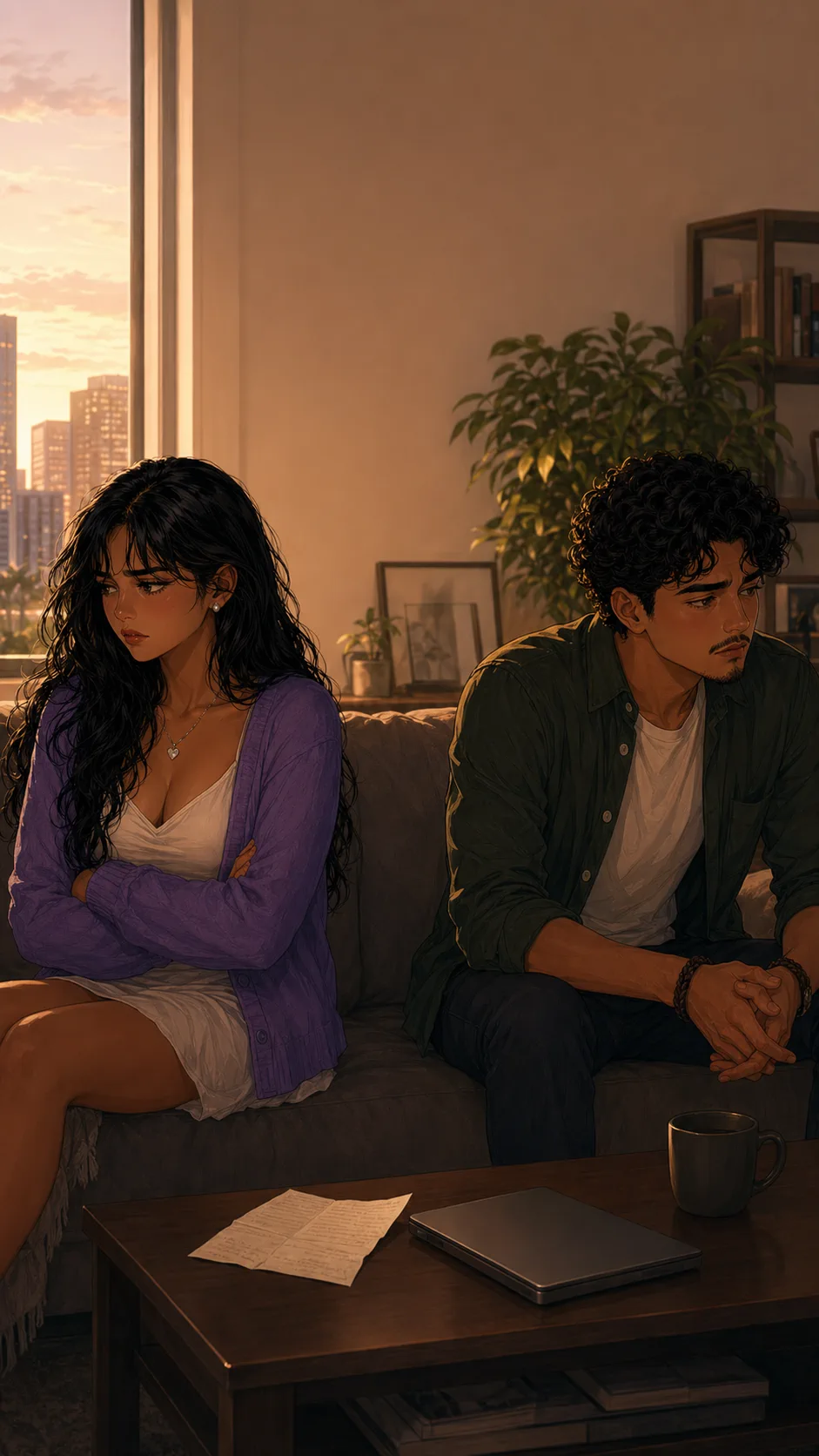 Leila and Mateo sit apart at dawn with the handwritten letter between them.