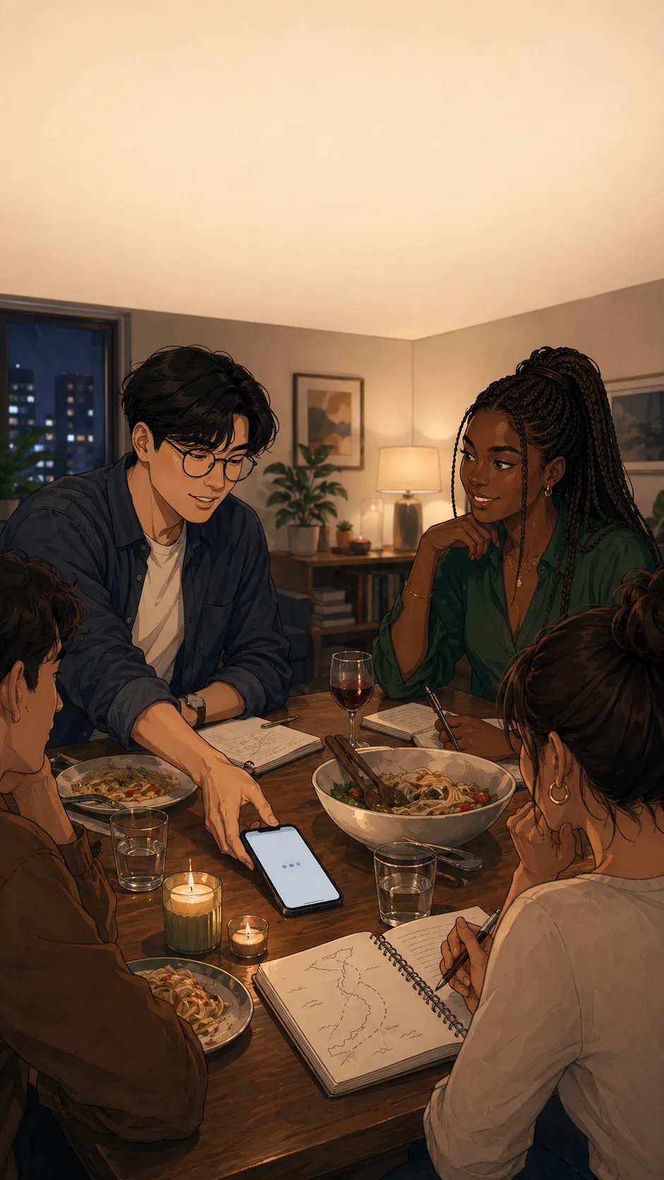 Kai places a phone on a cozy apartment dinner table while Maya and friends discuss trip plans.