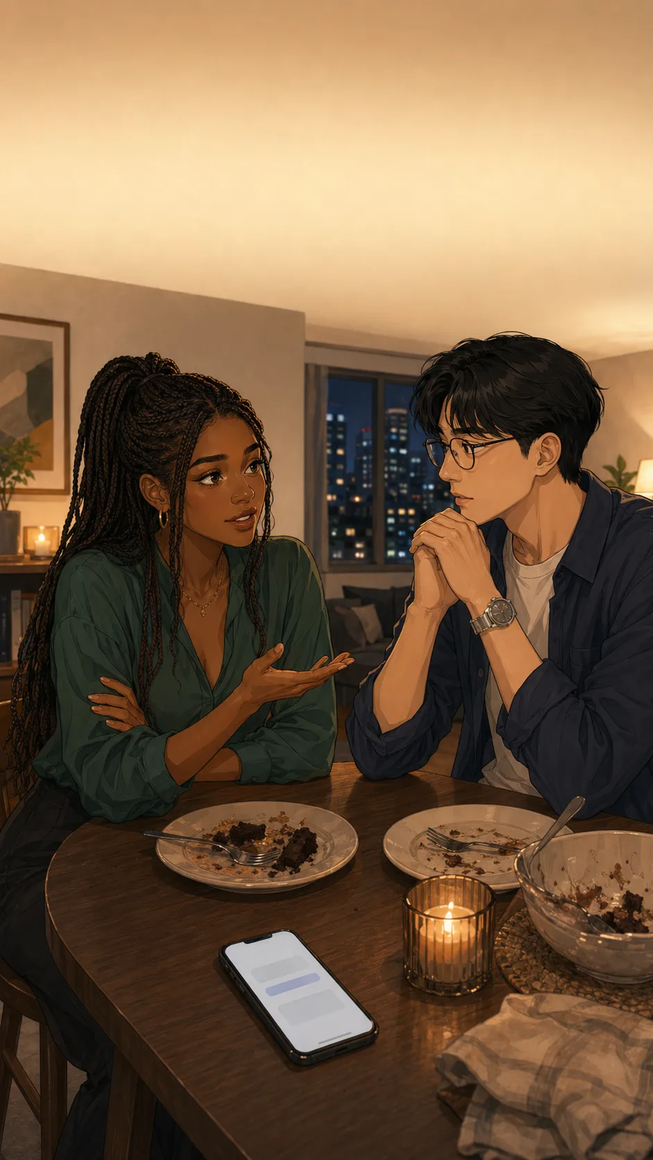 Maya speaks quietly at the dinner table while Kai listens and a phone sits near the plates.