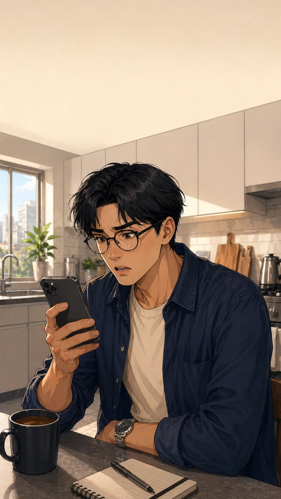 Kai looks concerned at an unreadable AI recap on his phone at a generic kitchen counter.