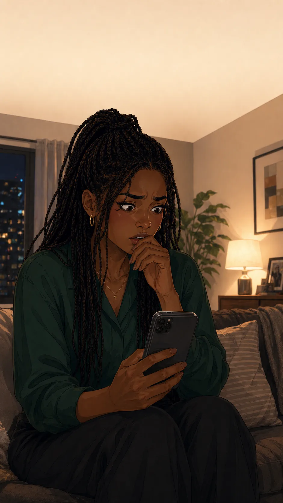 Maya looks hurt while reading an unreadable group chat summary on her phone.