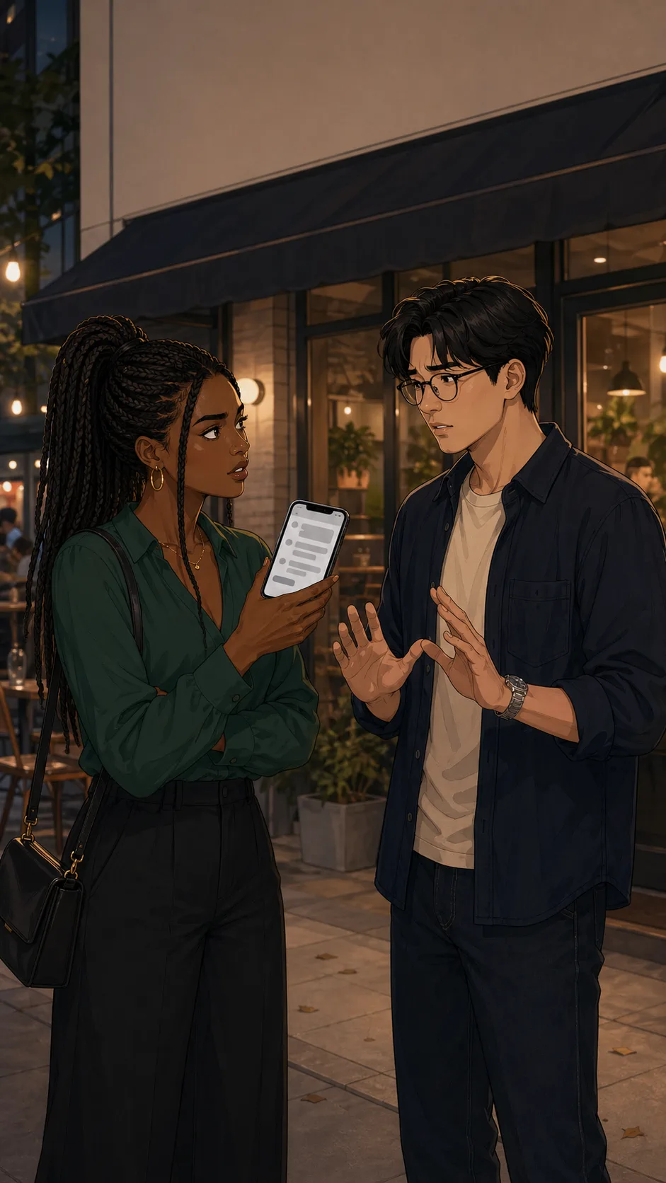 Maya confronts Kai outside a generic cafe while both hold phones.