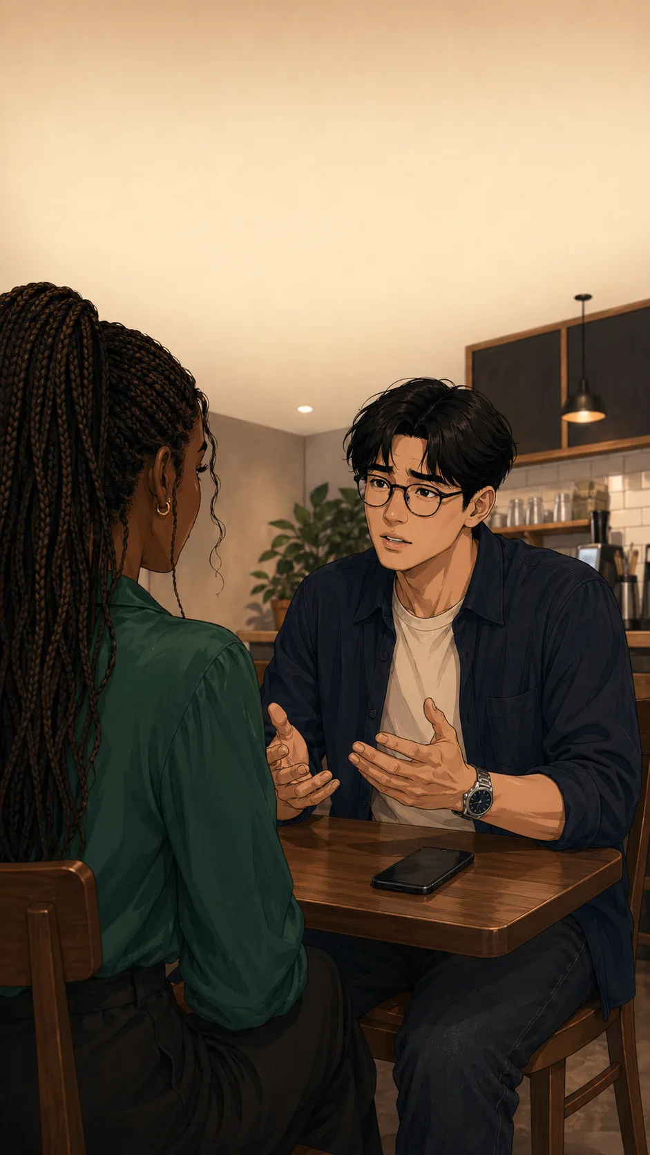 Kai explains himself at a generic cafe table while Maya listens in the foreground.
