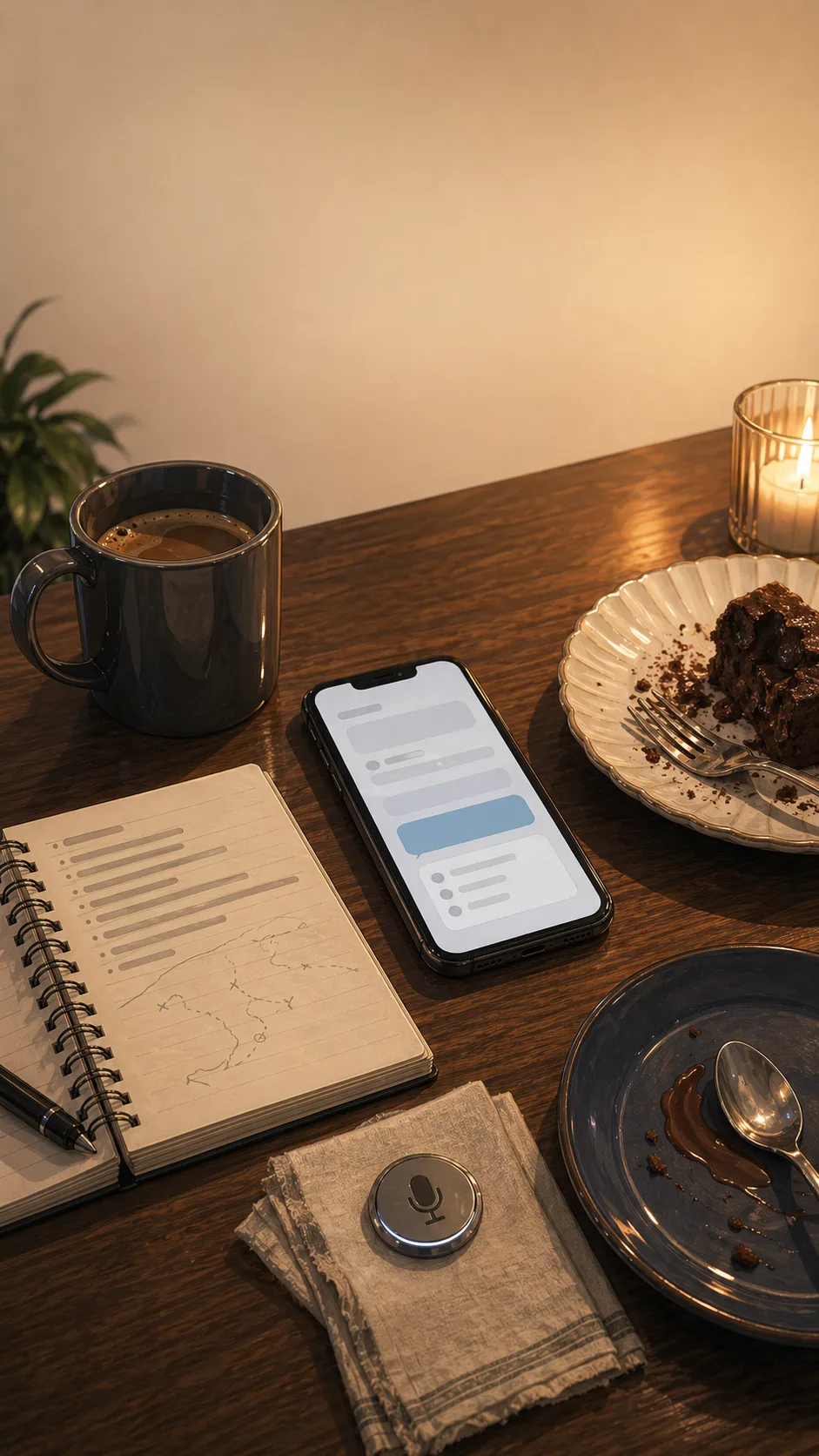 A tabletop evidence montage shows a phone with a blank AI recap, trip notebook, dessert plate, coffee mug, and napkin.