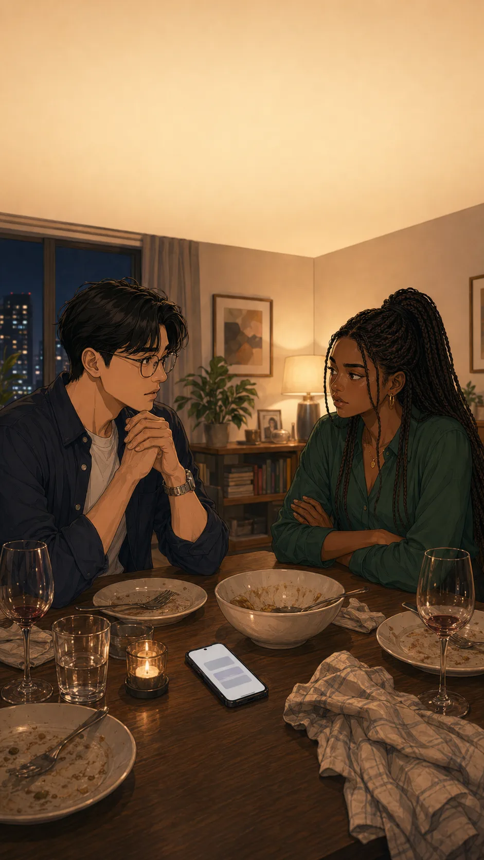 Kai and Maya sit across a generic apartment dinner table with a phone between them.