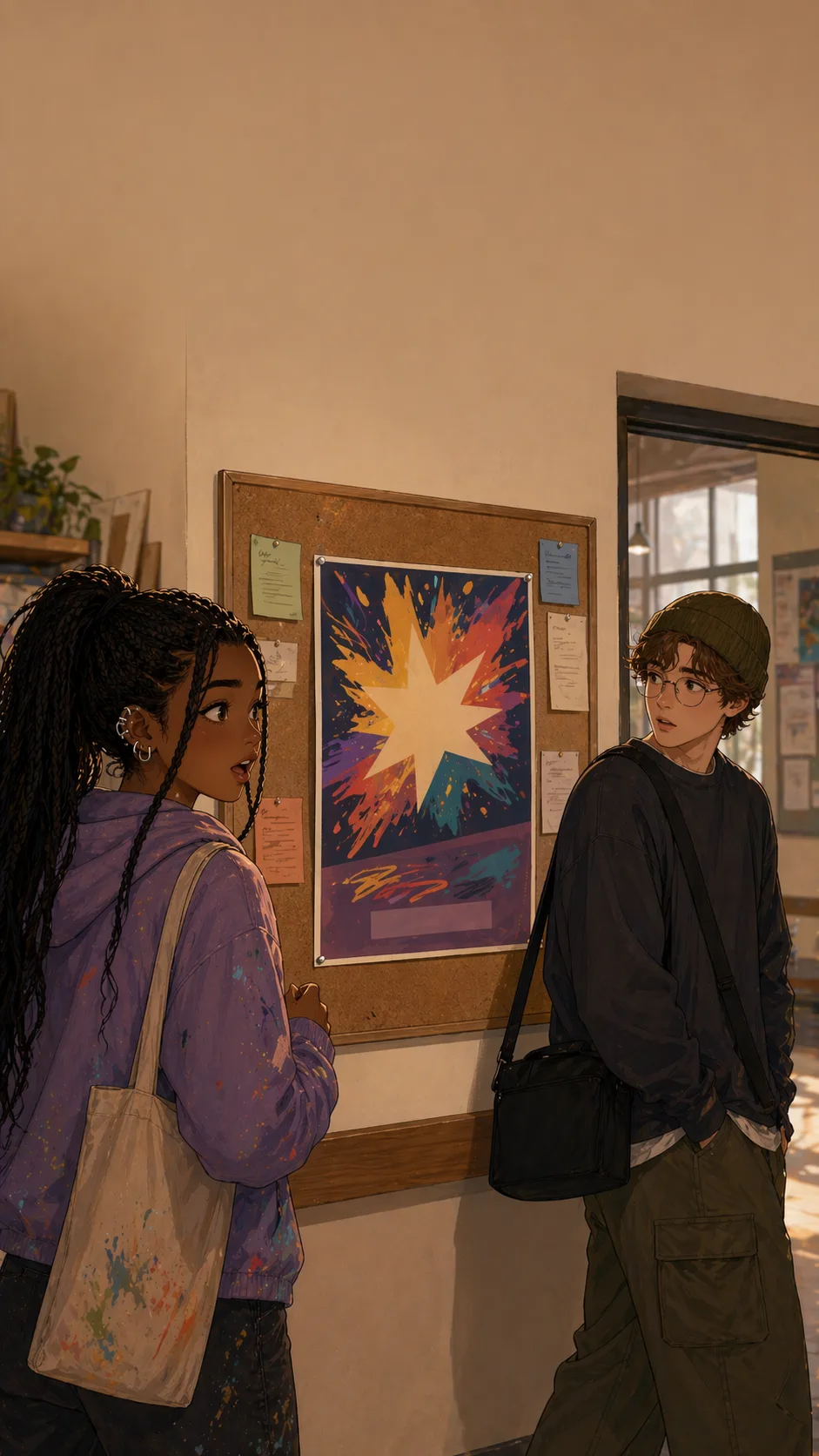 Mina and Ezra look at a generic poster contest flyer on a community arts center wall.