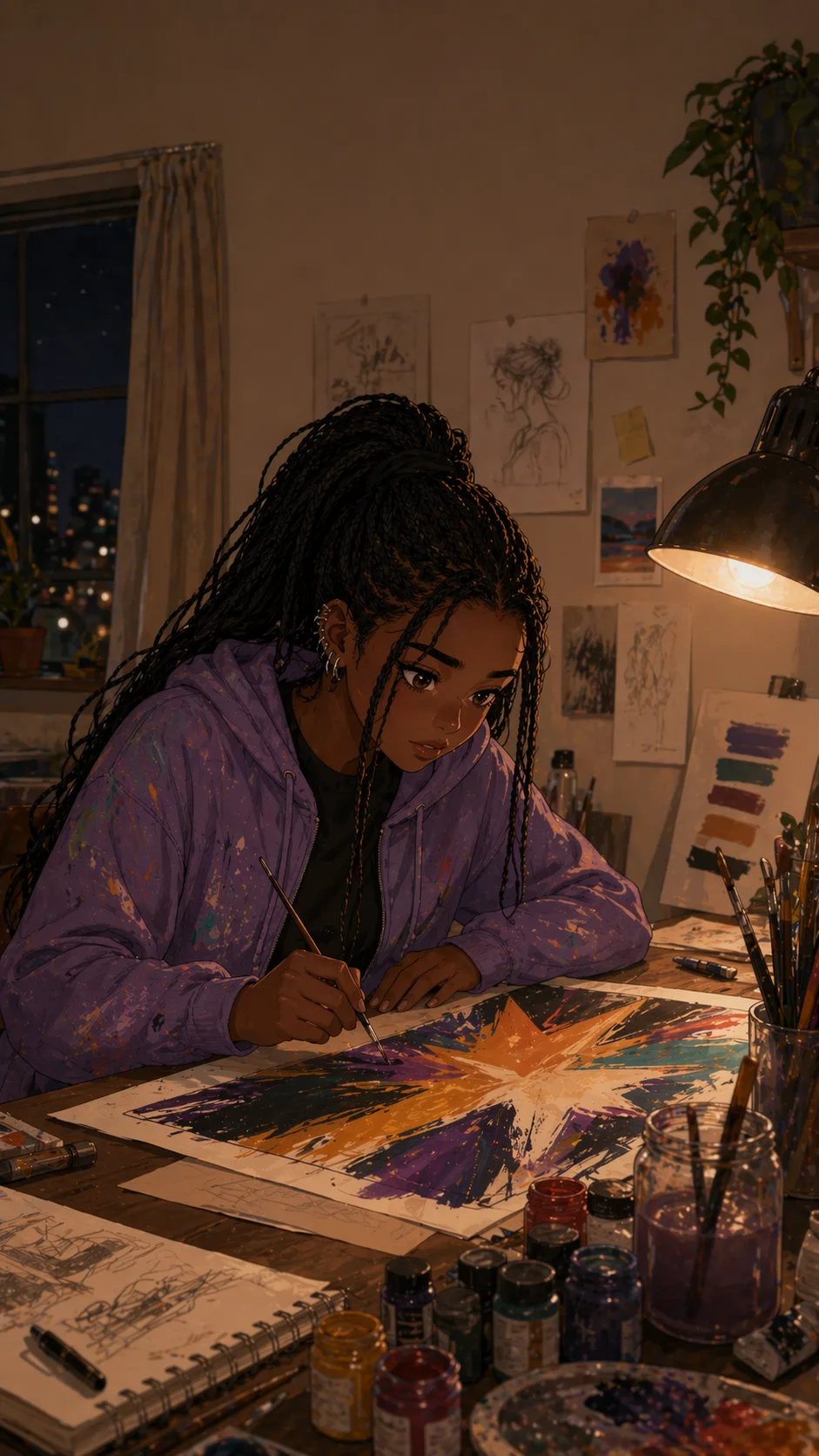 Mina paints a poster draft at a cluttered apartment art desk late at night.