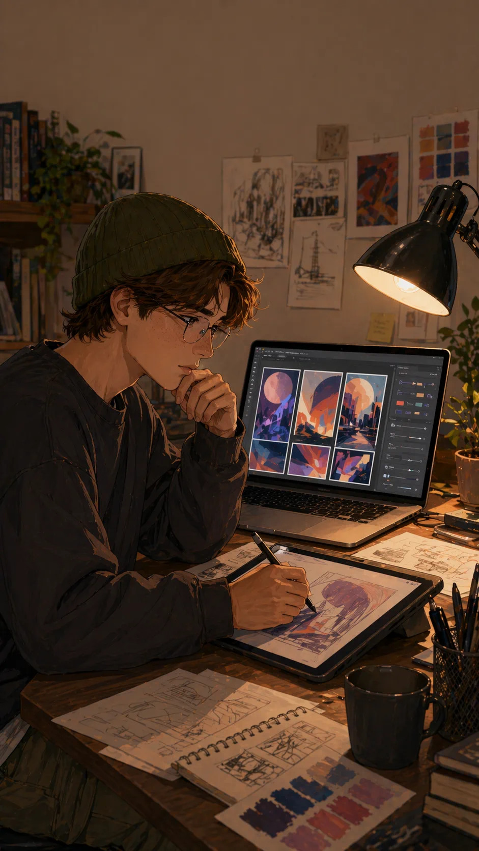 Ezra works at a laptop with abstract image variations and a tablet sketch nearby.