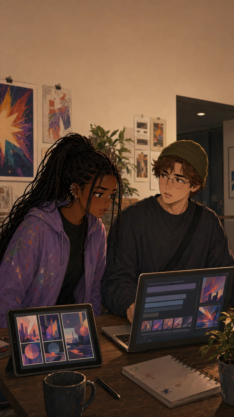 Mina notices Ezra's laptop showing abstract process thumbnails after the contest announcement.