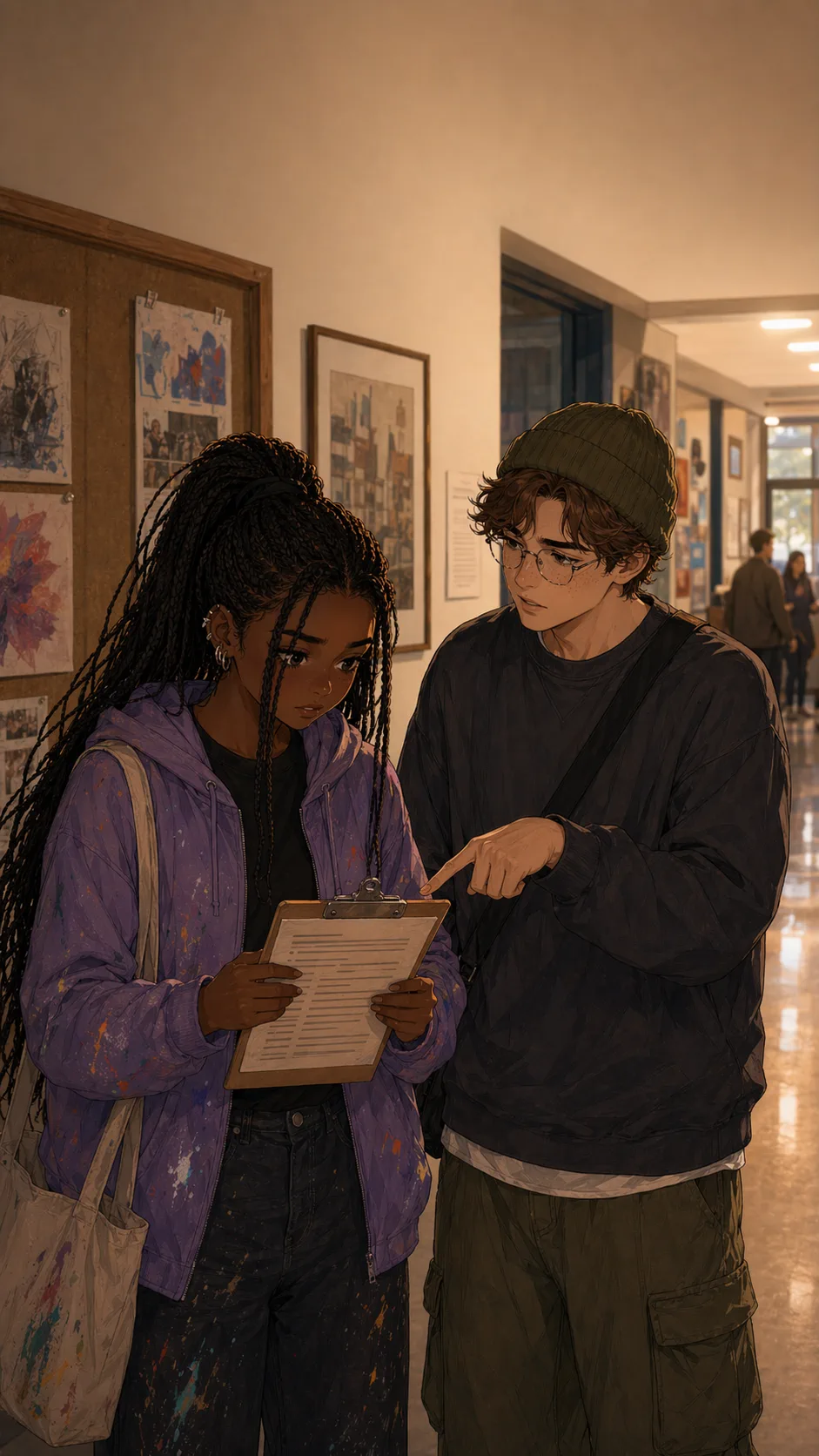 Mina and Ezra discuss an unreadable contest rules sheet in a hallway.