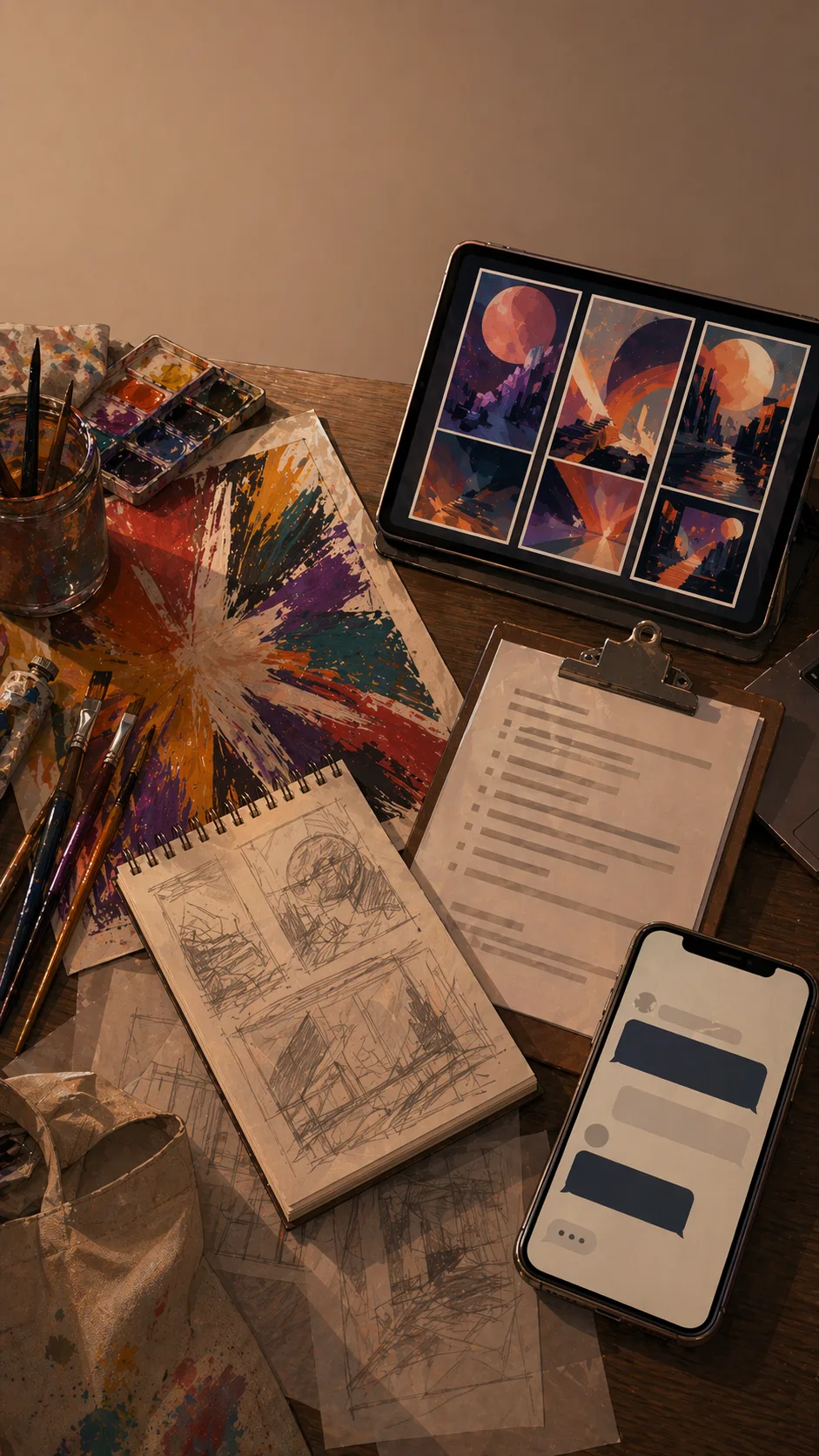 A tabletop montage shows paintbrushes, sketch layers, a tablet with abstract image variations, and a blank rules sheet.