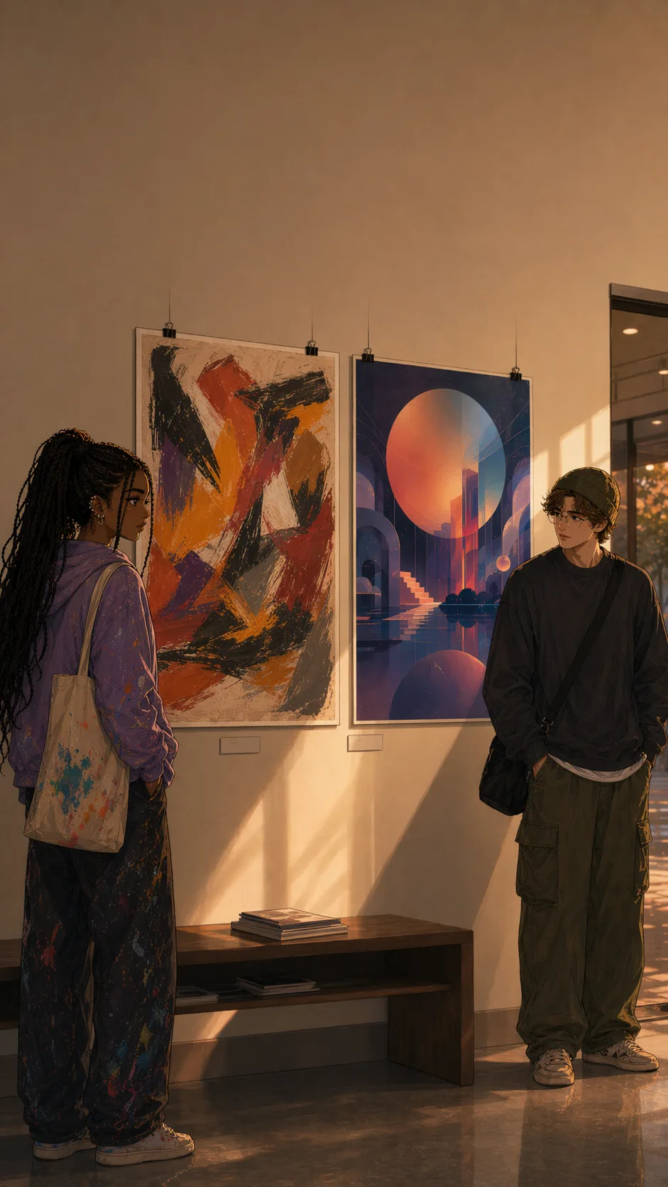 Mina and Ezra stand apart beside two abstract poster entries on a community arts center wall.