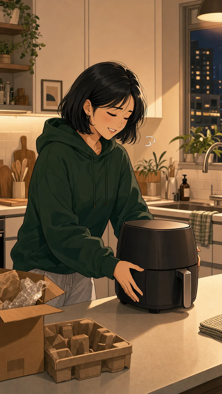 Casey places a small air fryer on the apartment kitchen counter.