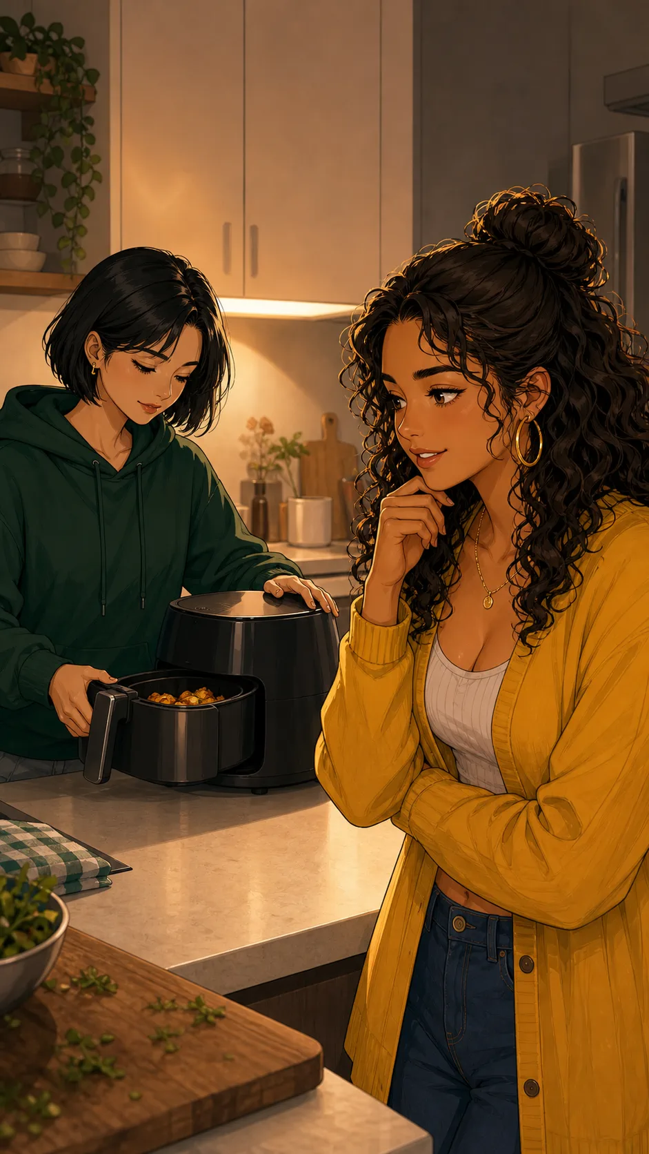 Bri watches Casey use the air fryer in the kitchen.