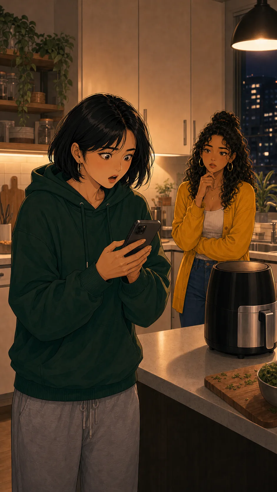 Casey looks surprised while reading the apartment chat.