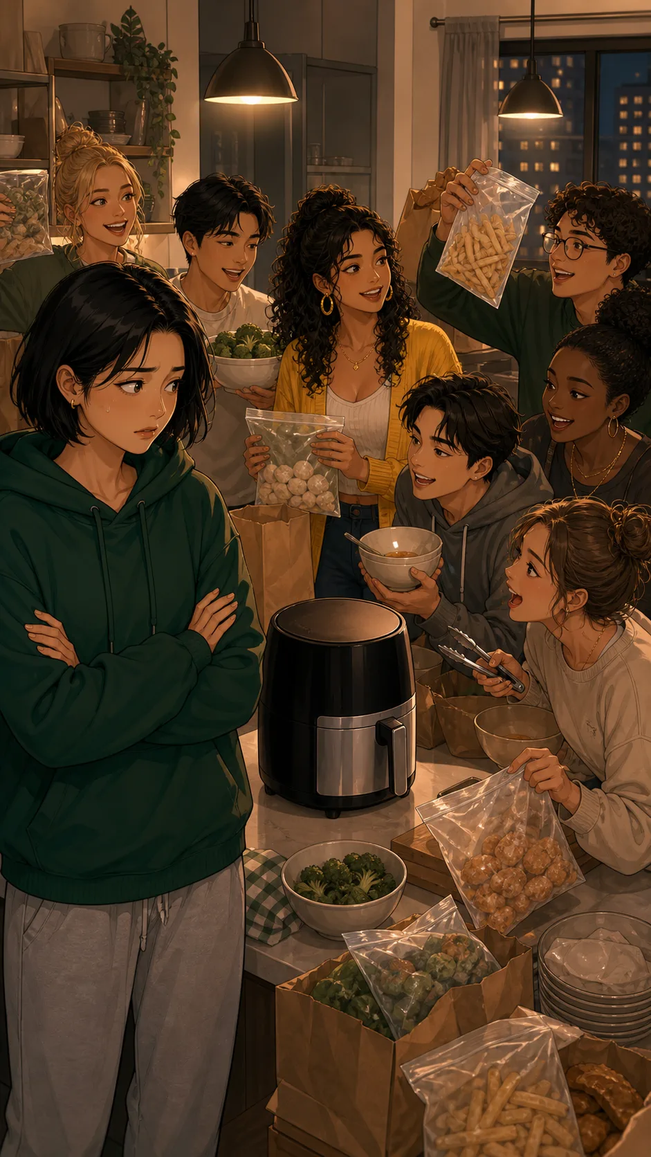 Housemates crowd the kitchen around Casey's air fryer.