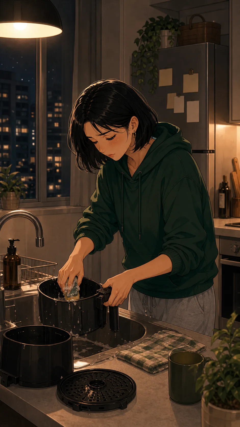 Casey cleans the air fryer basket alone at night.