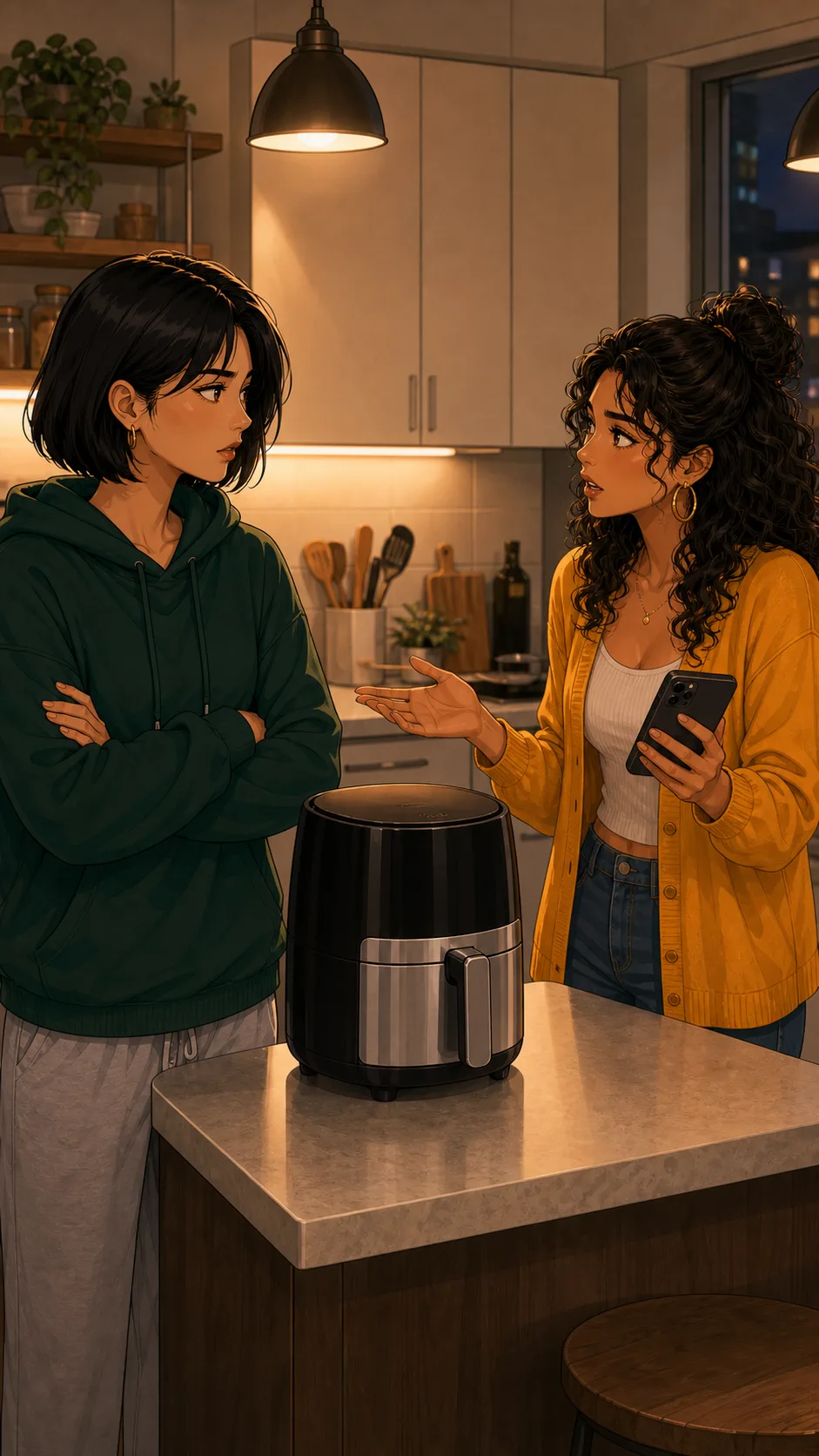 Casey and Bri debate the shared air fryer schedule.