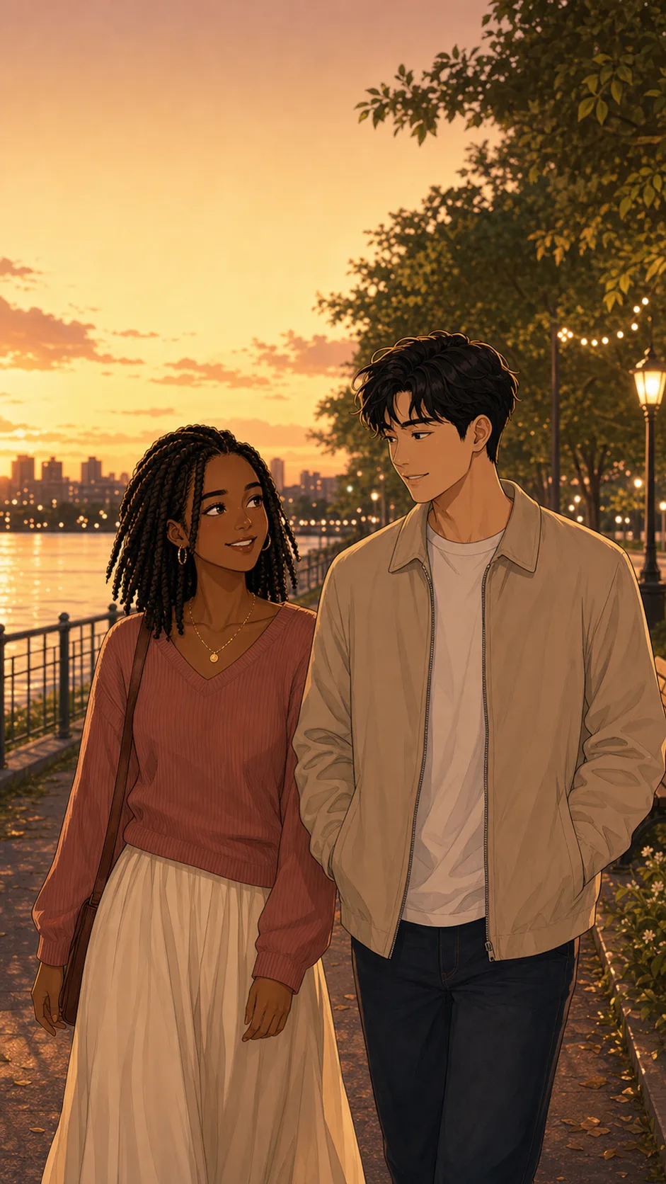 Tessa and Milo begin a quiet anniversary walk by a generic riverside path.