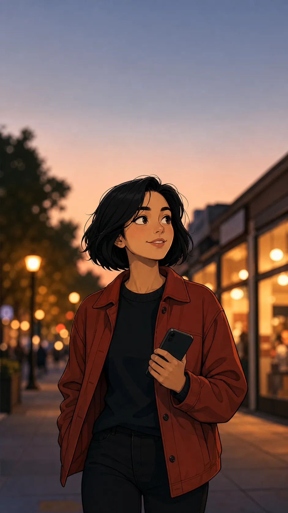 Mara walks down a generic street holding her phone by the edge, looking excited and conflicted.