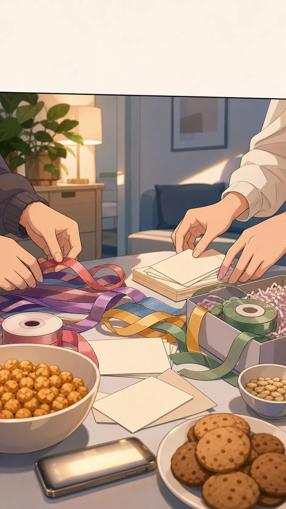 A tabletop holds blank note cards, ribbons, and a phone edge while someone plans a surprise gathering.
