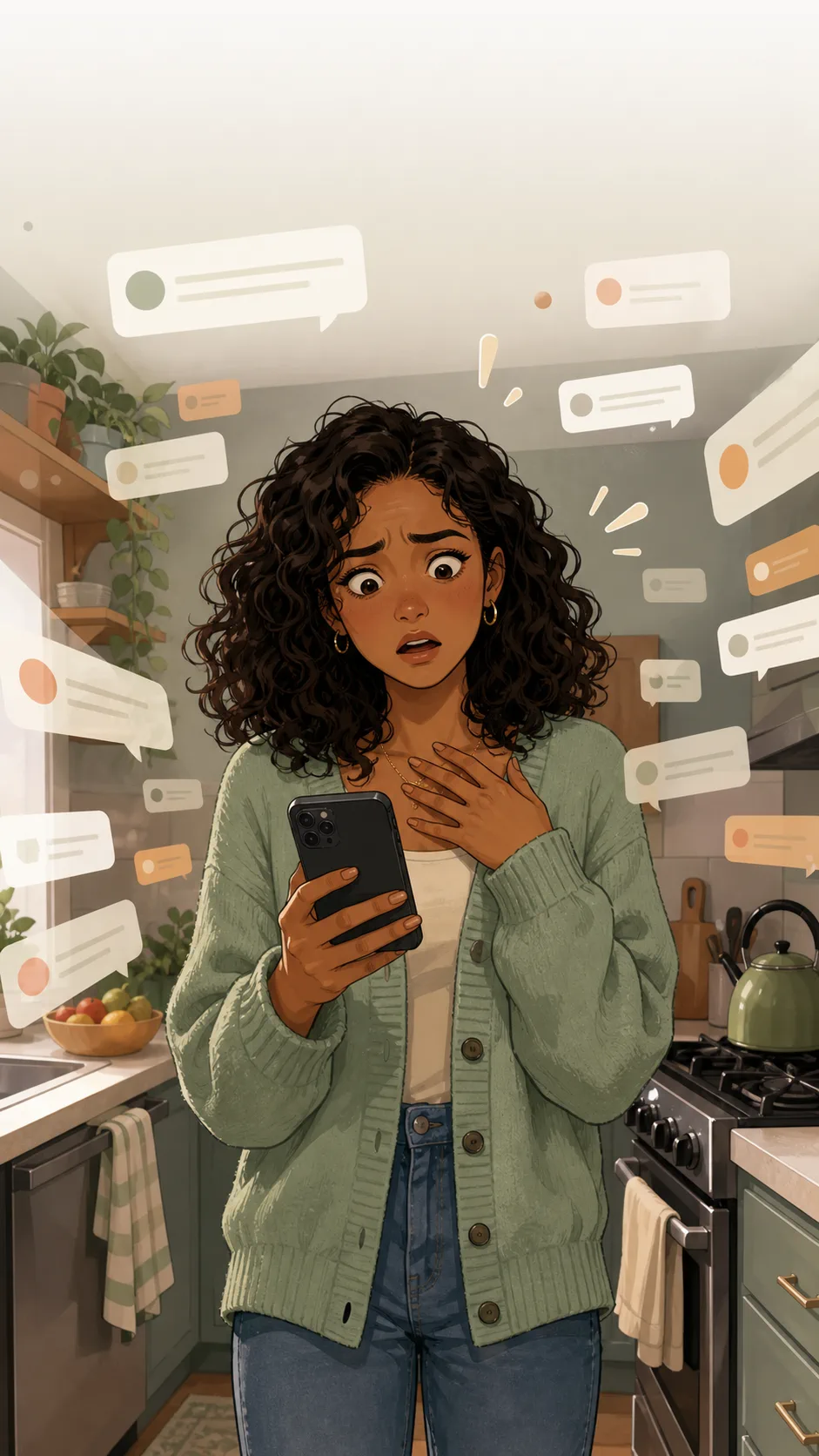 Nia stands in a generic kitchen, startled by a burst of unreadable phone notifications.