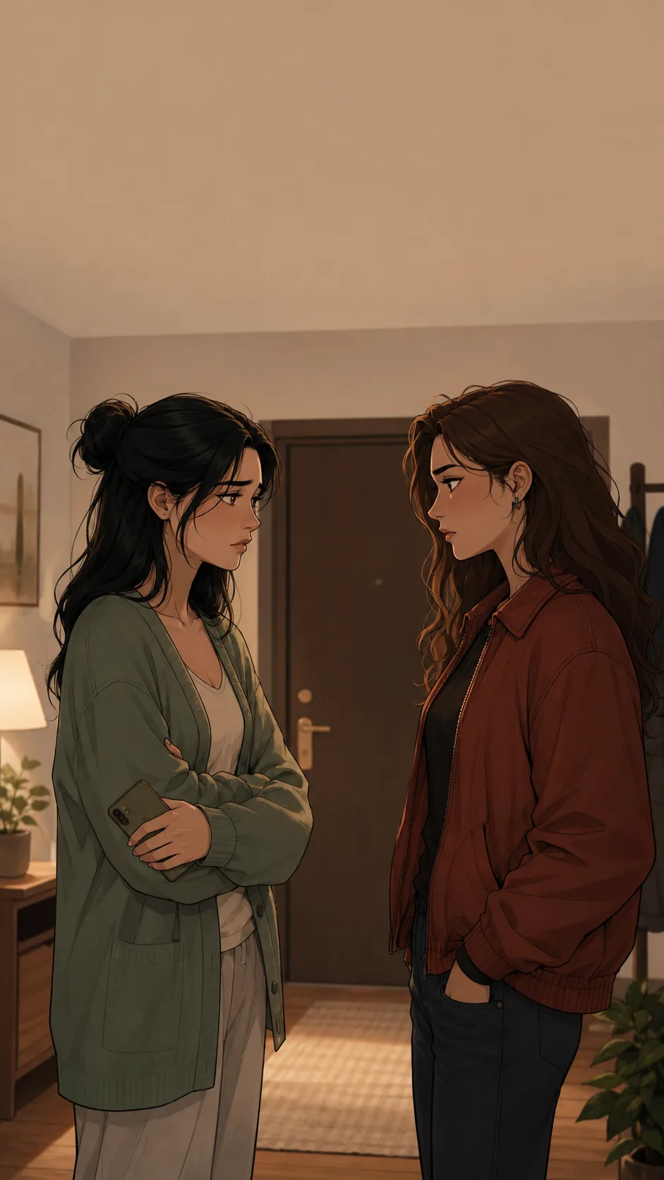 Nia and Mara stand in a quiet apartment entryway, having a tense but contained conversation.
