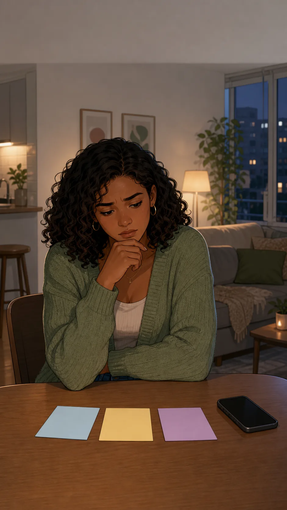 Nia sits at a table with three blank note cards, deciding how to respond to the group.